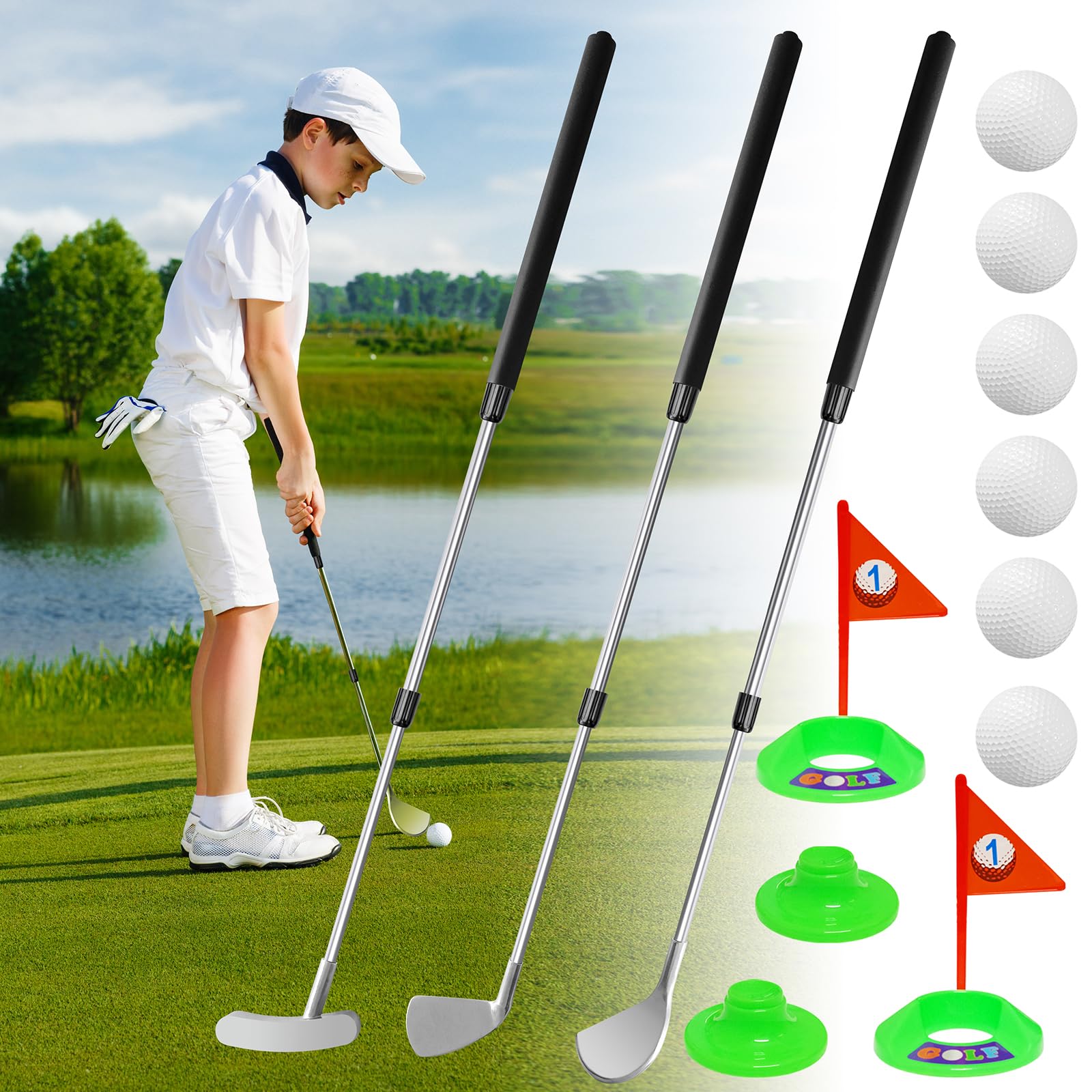 Junior Golf Clubs Set for Right Hand,3 Pcs Training Set with Wood Iron Putter,Telescopic Club The Adjustable Length Golf Club fo