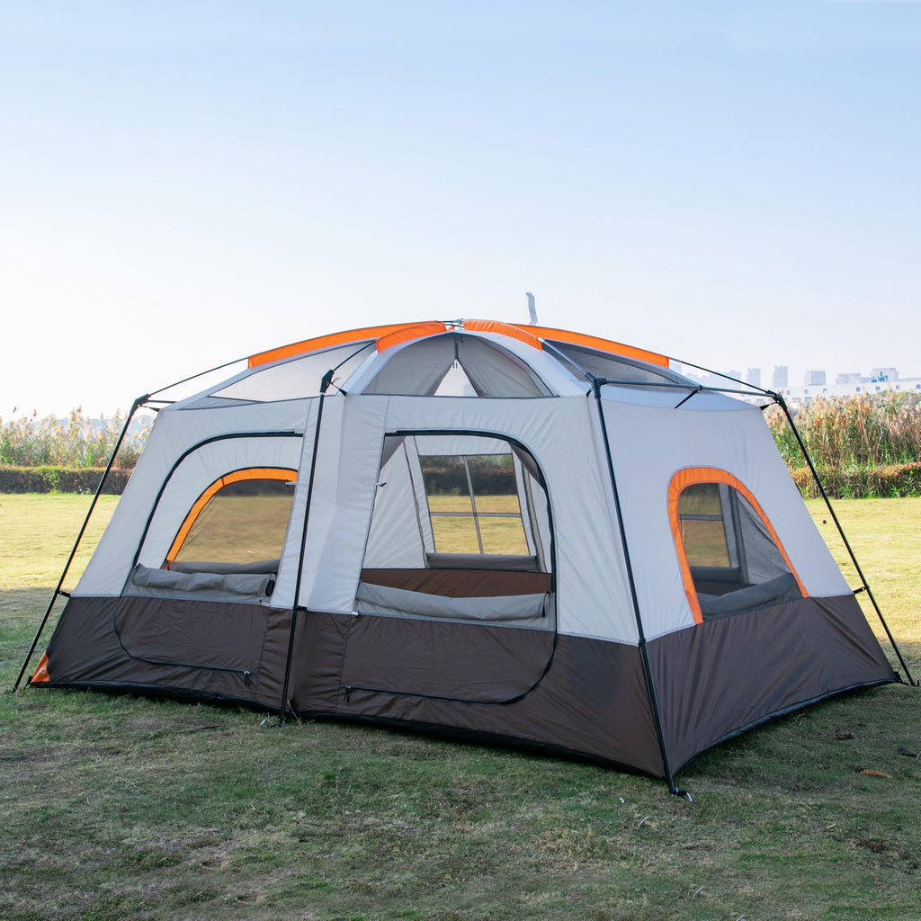 Ktt Extra Large Tent 8-10 Person,Awning Family Cabin Tents,2 Rooms,3 Doors And 3 Windows With Mesh,Straight Wall,Waterproof,Doub