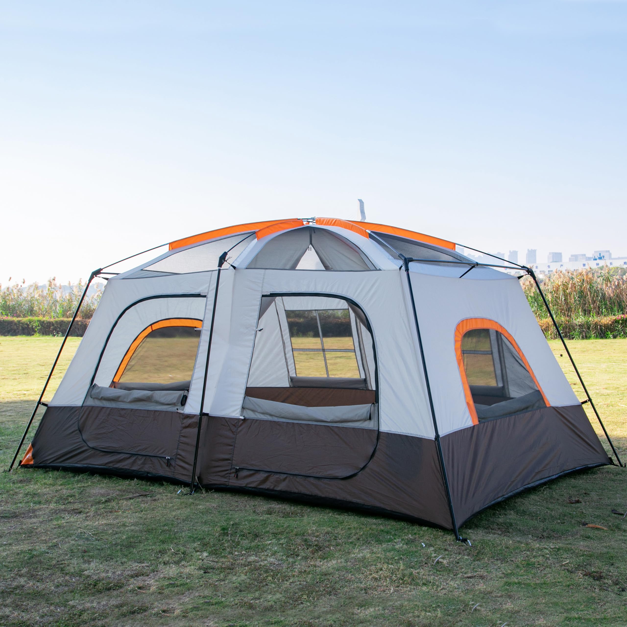 Ktt Extra Large Tent 8-10 Person,Awning Family Cabin Tents,2 Rooms,3 Doors And 3 Windows With Mesh,Straight Wall,Waterproof,Doub