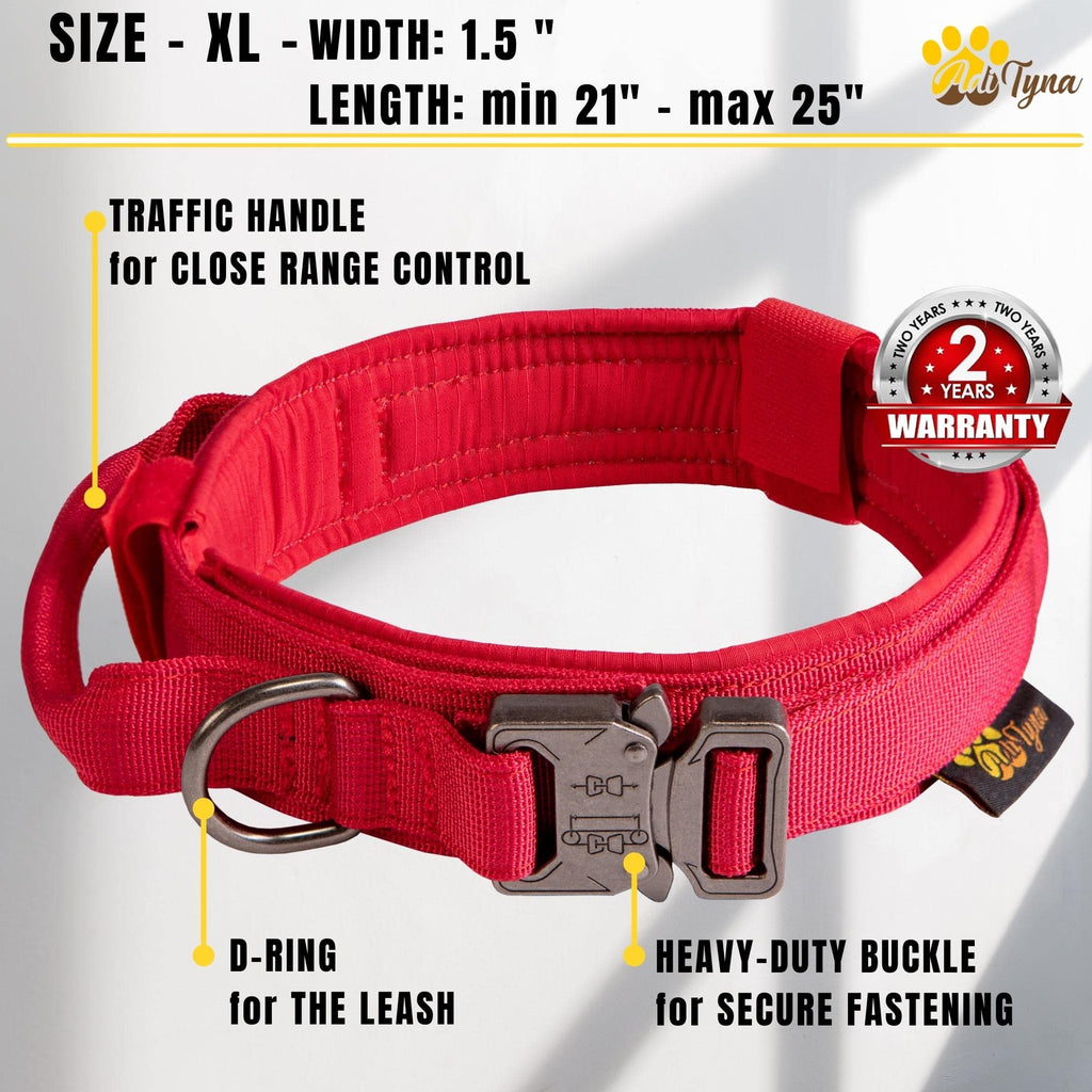 Adityna Heavy-Duty Tactical Dog Collar With Handle - Red Dog Collar For Extra-Large Dogs - Wide, Thick, Adjustable, Soft Padded
