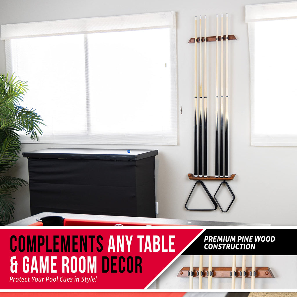 Gosports Wall Mounted Pool Cue Stick Holder - Holds 6 Cues And 2 Triangle Racks - Multiple Colors Available,Brown