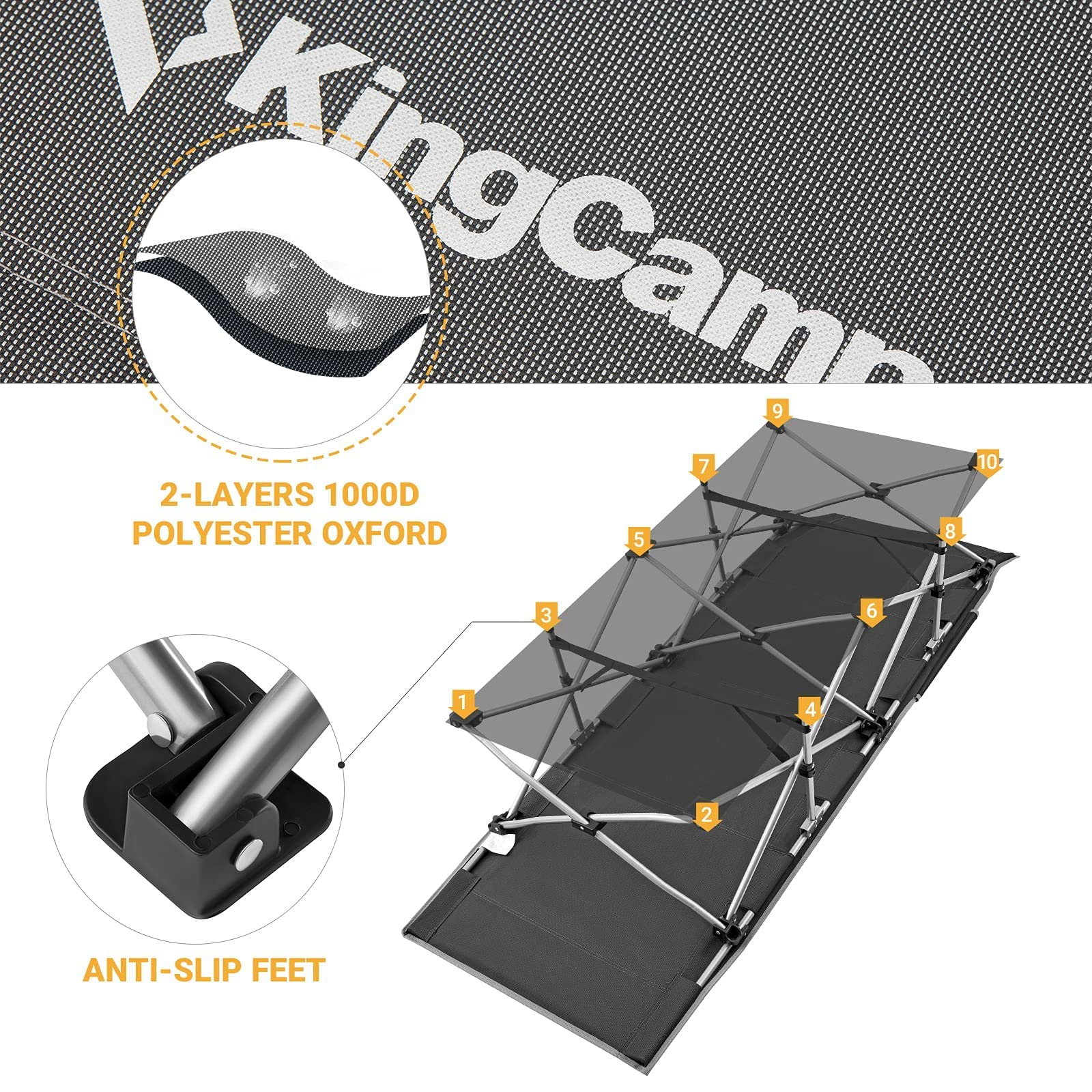Kingcamp Folding Camping Cot Lightweight Sleeping Cot Portable With Carry Bag Double Layer 1000D Sturdy Cot Heavy Duty Camping B