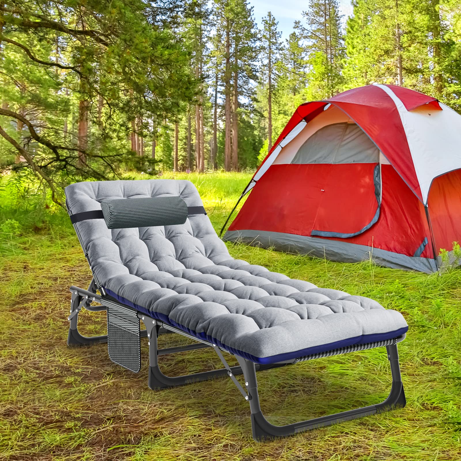 Lilypelle Portable Folding Camping Cot, Adjustable 4-Position Adults Reclining Chaise With Pillow, Outdoor Portable Lounge Chair