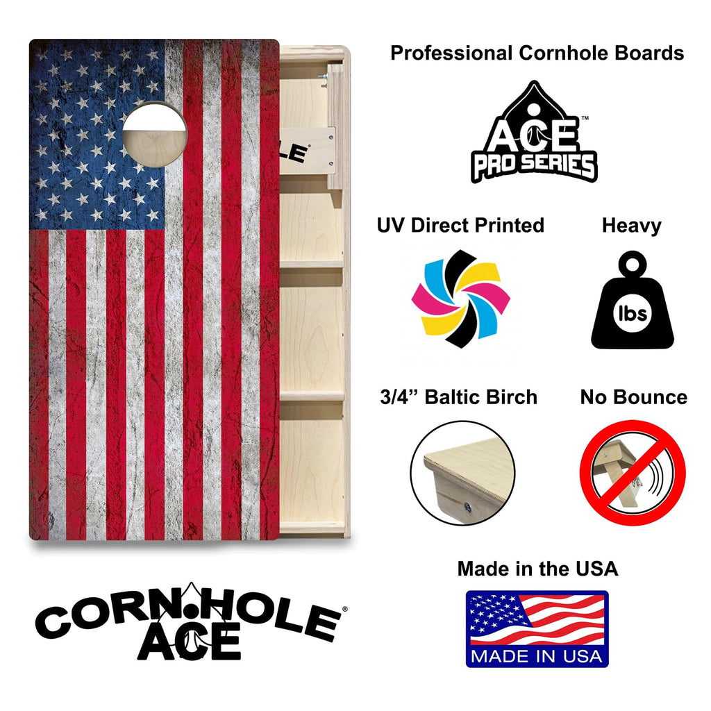 Ace Pro Usa Flag | Professional Cornhole Board Set, No Bounce! Triple Wide Legs, 3/4In Baltic Birch Plywood, Regulation Size, To