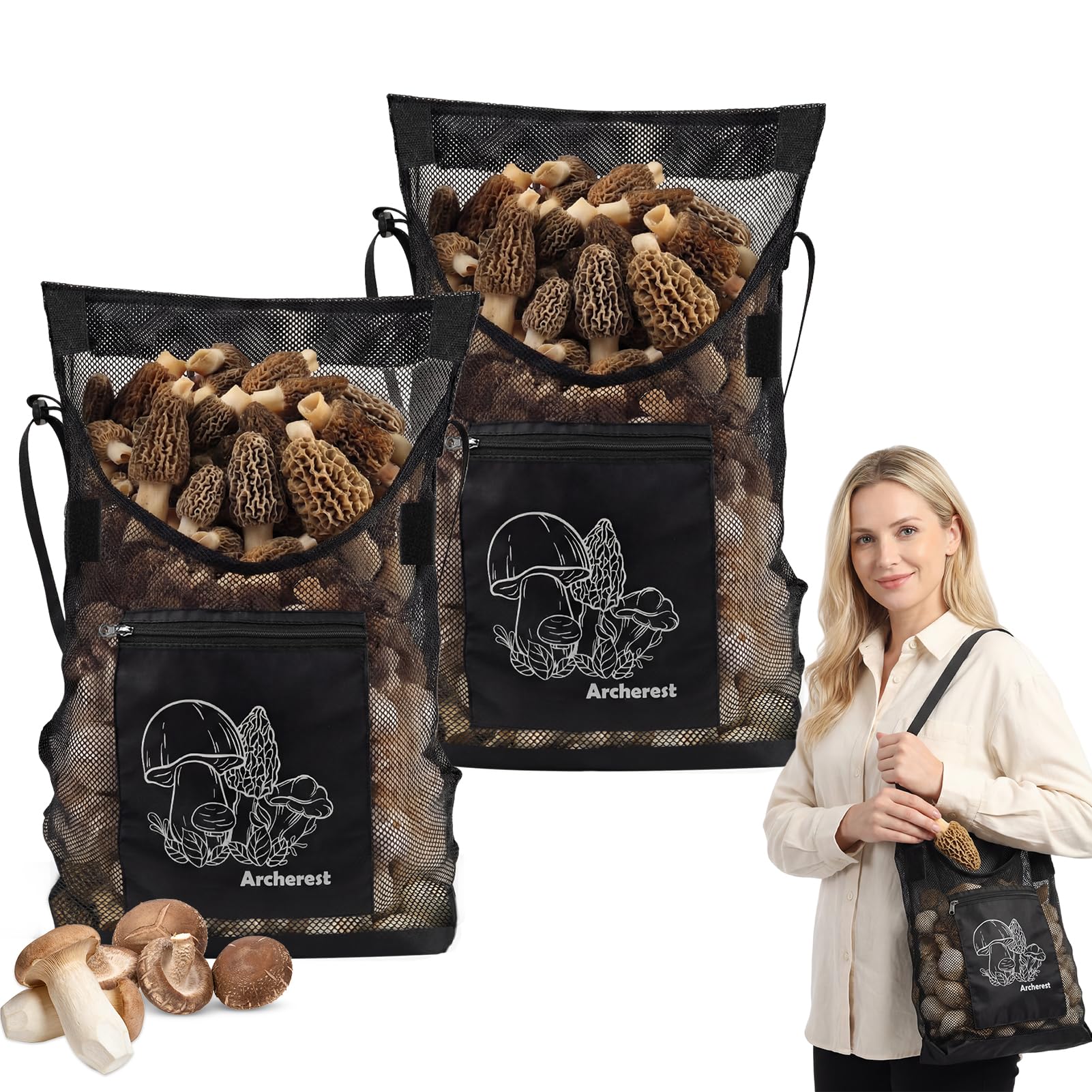 2 Pack D-shaped Opening Mushroom Foraging Bag, Morel Picking Mesh Hunting Pouch for Outdoor Foraging and Fruit, Mushroom Basket 