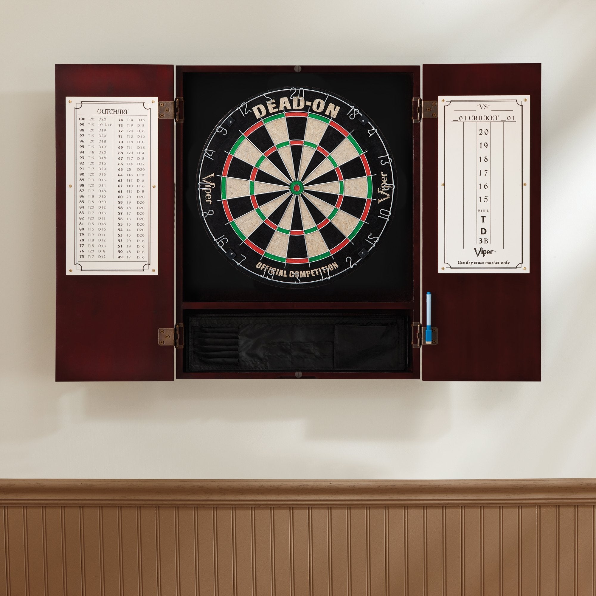 Viper Metropolitan Solid Wood Cabinet & Sisal/Bristle Dartboard Ready-To-Play Bundle: Deluxe Set (Dead On Dartboard And Darts),
