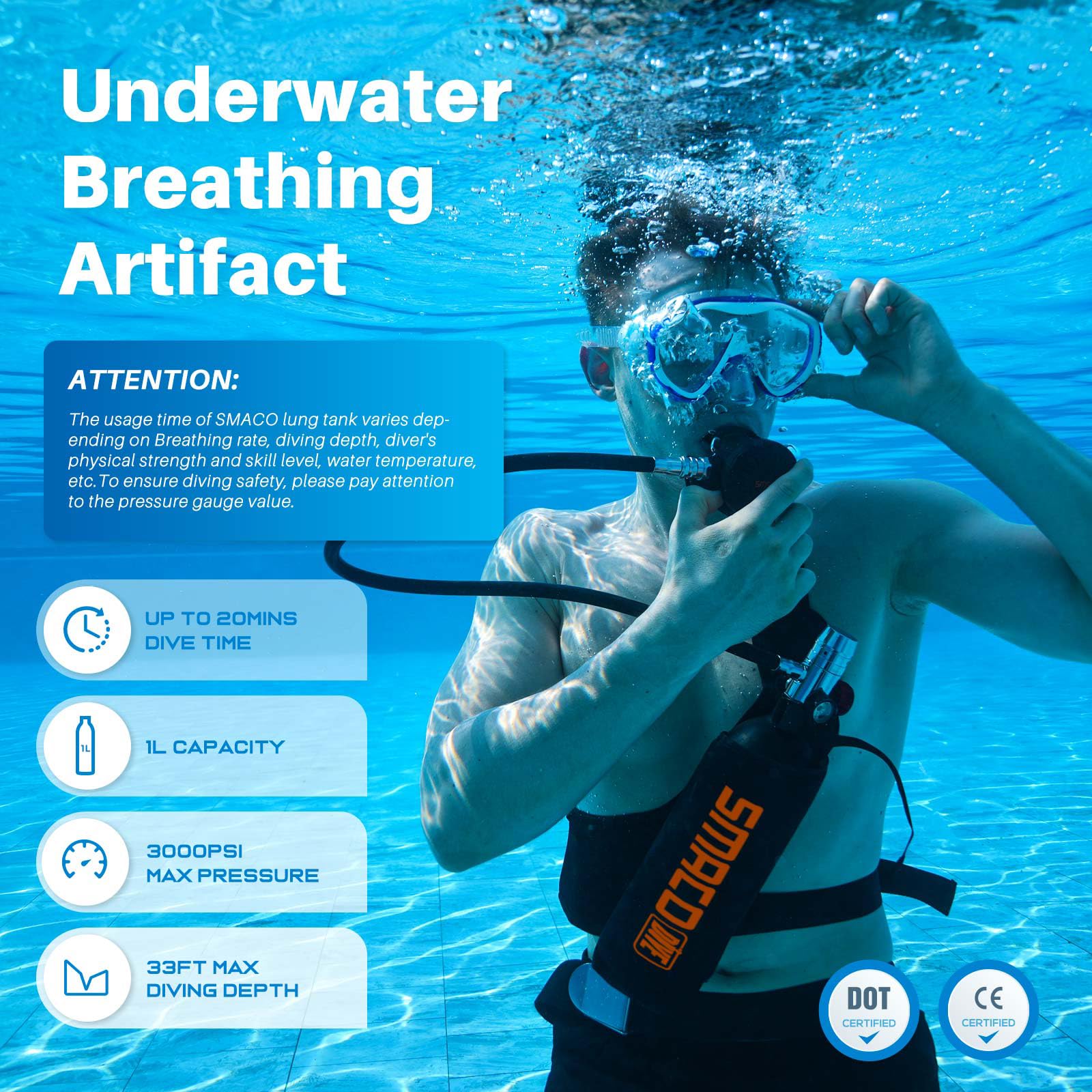 Smaco Scuba Tank Diving Gear For Diver 1L Mini Scuba Tank Oxygen Cylinder With 15-20 Minutes Underwater Breathing Portable Divin