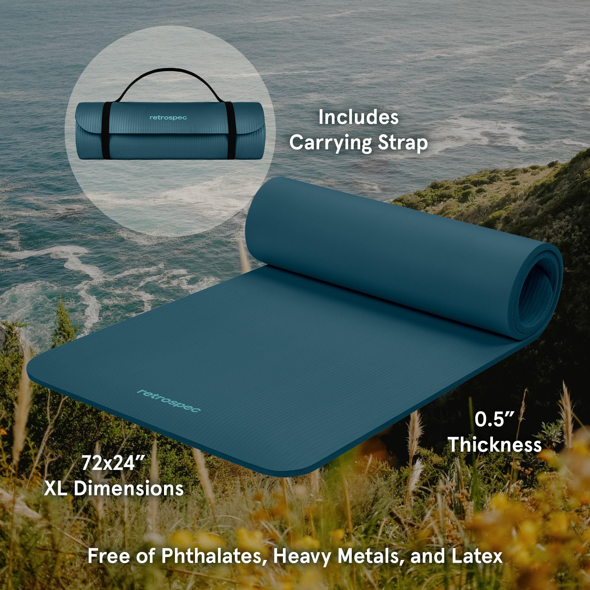 Retrospec Retrospec Solana Yoga Mat 1/2'' Thick W/Nylon Strap For Men & Women - Non Slip Excercise Mat For Yoga, Pilates, Stretc