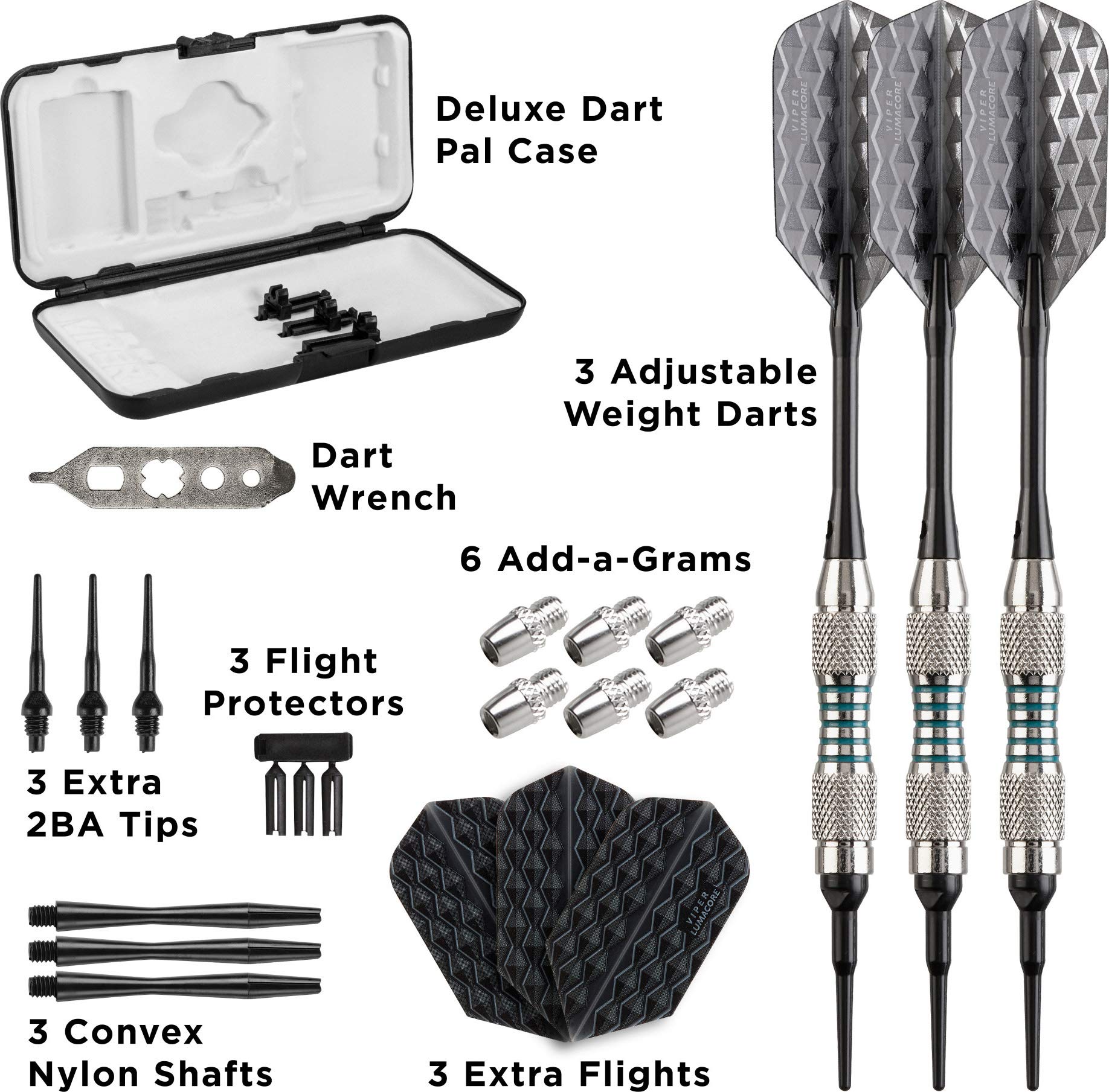 Viper Bobcat Adjustable Weight Soft Tip Darts With Storage/Travel Case: Nickel Silver Plated, Light Blue Rings, 16-18 Grams