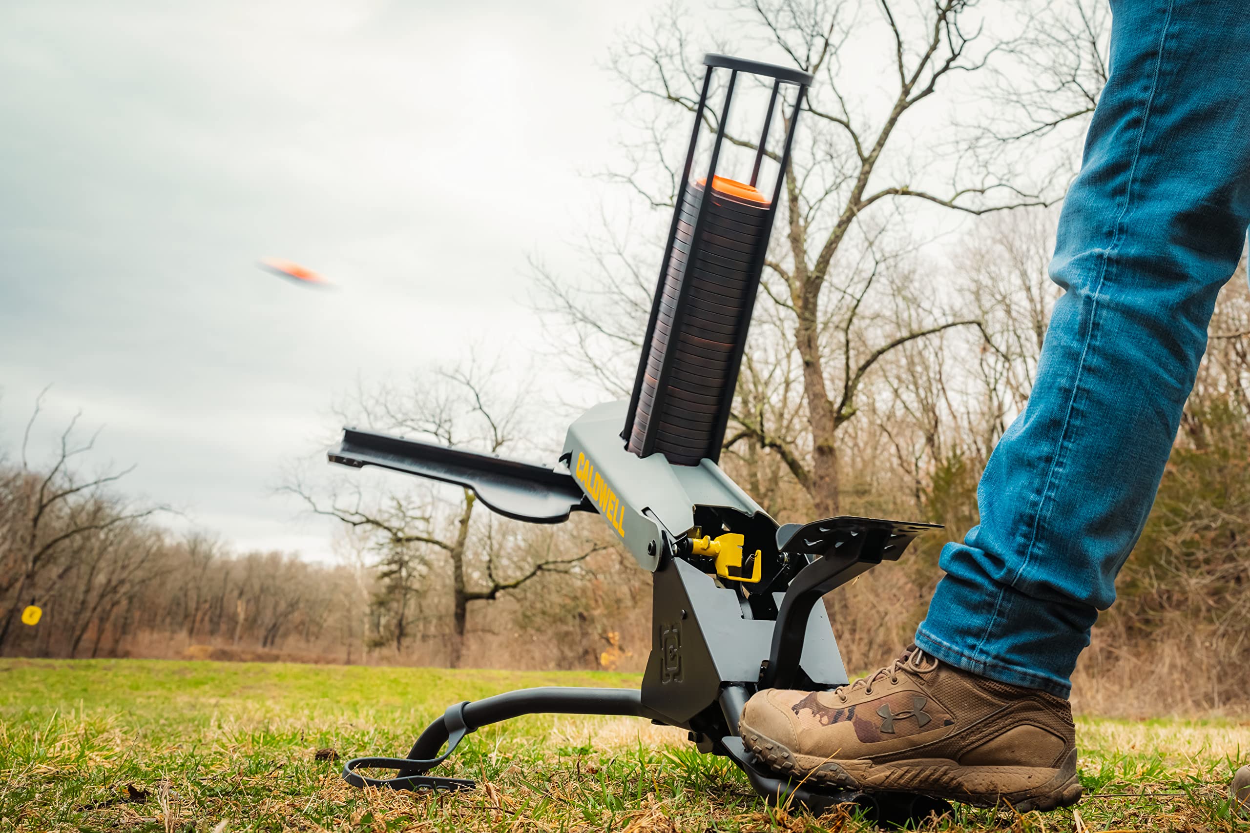 Caldwell Claymore Target Thrower 50 Clay Capacity, 55 Yd Throw with Foot Pedal for Single Person Use - No Electricity Needed