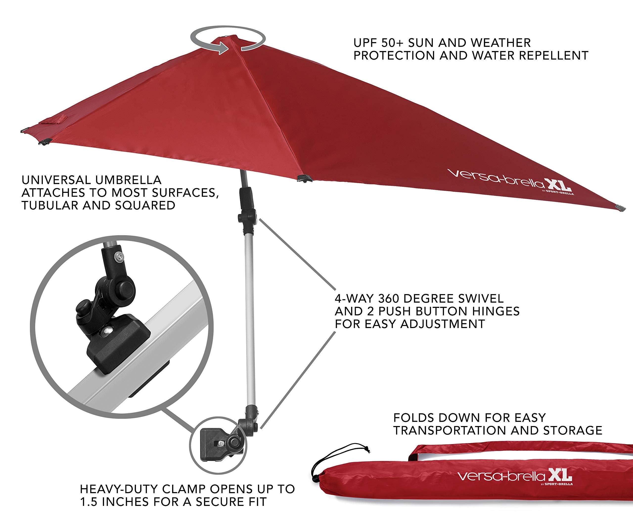 Sport-Brella Versa-Brella SPF 50+ Adjustable Umbrella with Universal Clamp, XL, Firebrick Red