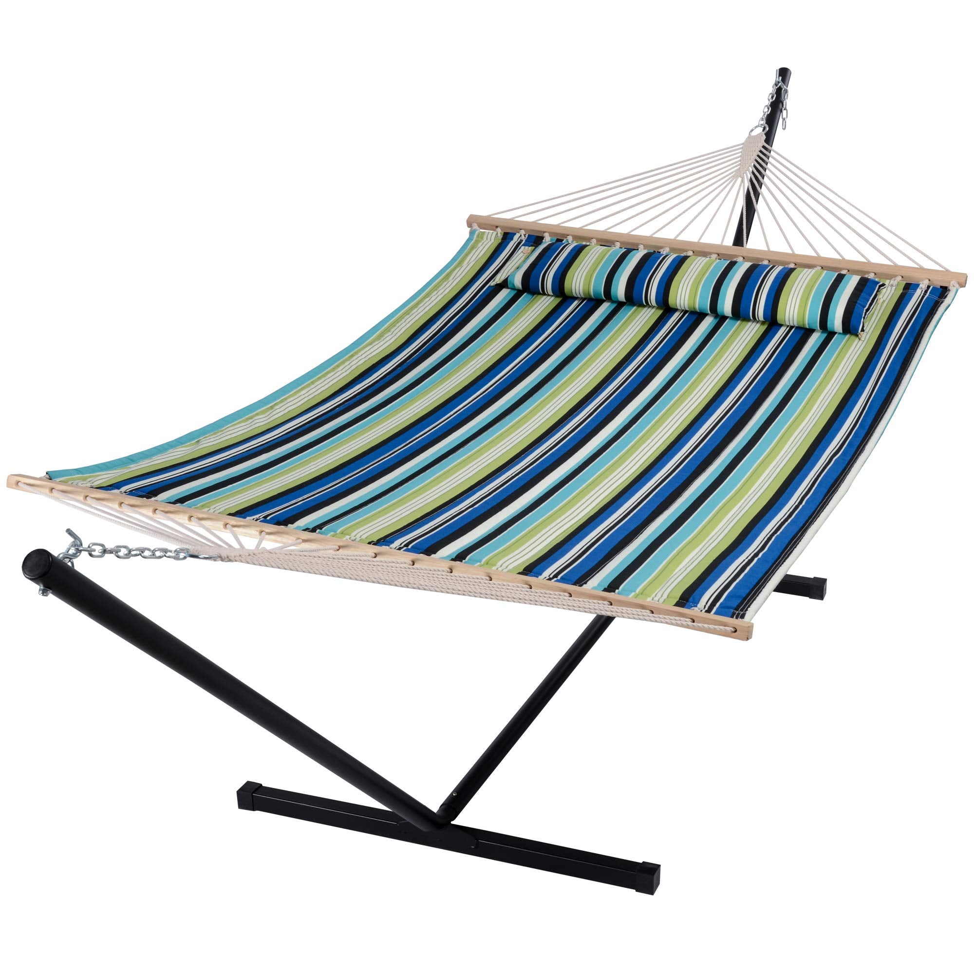 Suncreat Hammock With Stand 2 Person Heavy Duty, Freestanding Hammock With Spreader Bar, Soft Pillow, Green Stripes