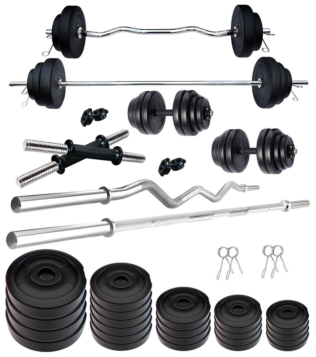 Kore Pvc 100 Kg Home Gym Set With One 5 Ft Plain + One 3 Ft Curl Rod And One Pair Dumbbell Rods, Multicolour