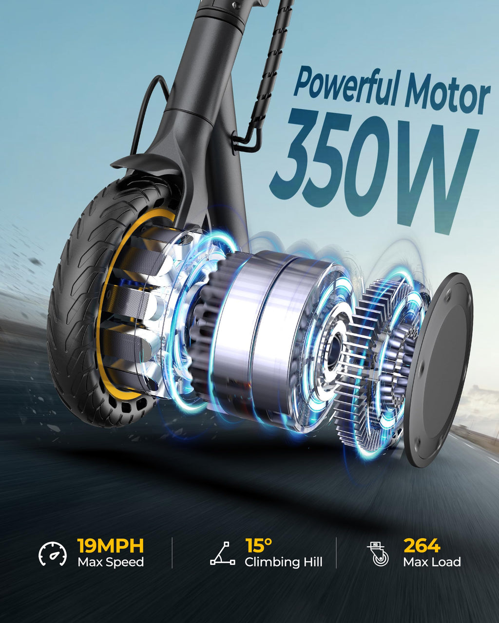 Electric Scooter with 350W Brushless Motor, 19 MPH Max Speed, 15 Miles Range, 8.5 Solid Tire, 3 Speed Modes, Cruise Control, Por
