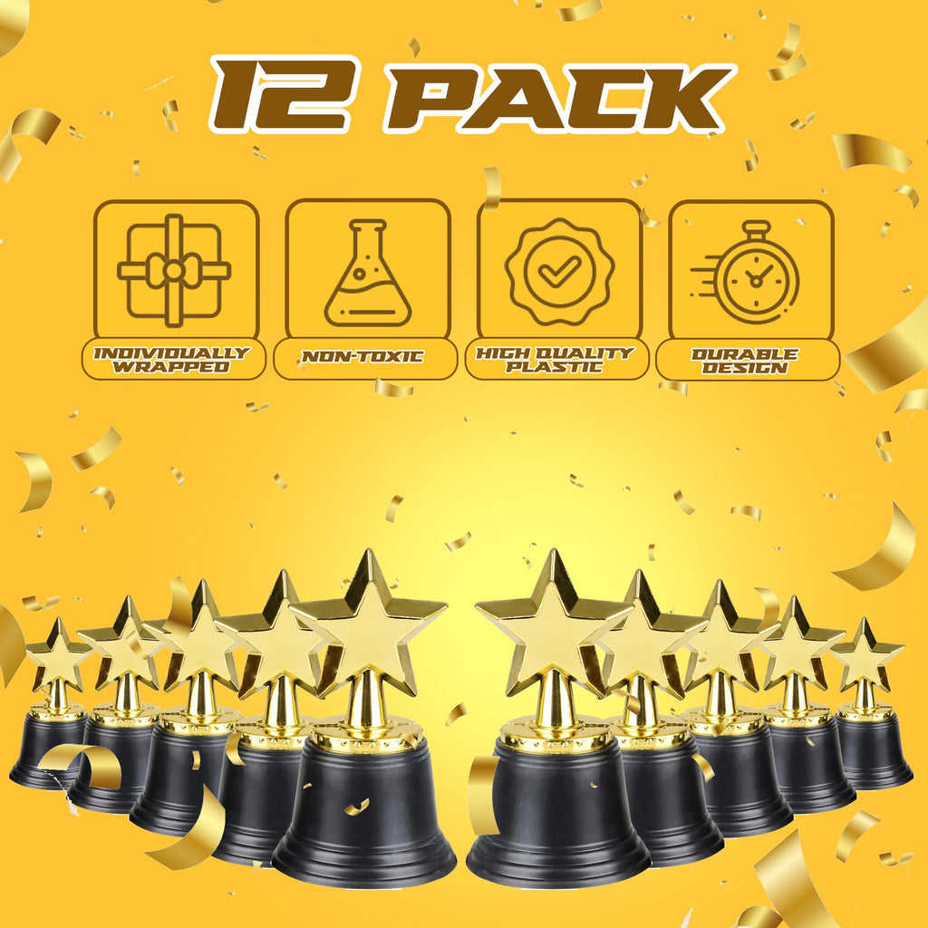 Star Trophy Awards - Pack Of 12 Bulk - 4.5 Inch, Gold Award Trophies For Kids Party Favors, Props, Rewards, Winning Prizes, Comp