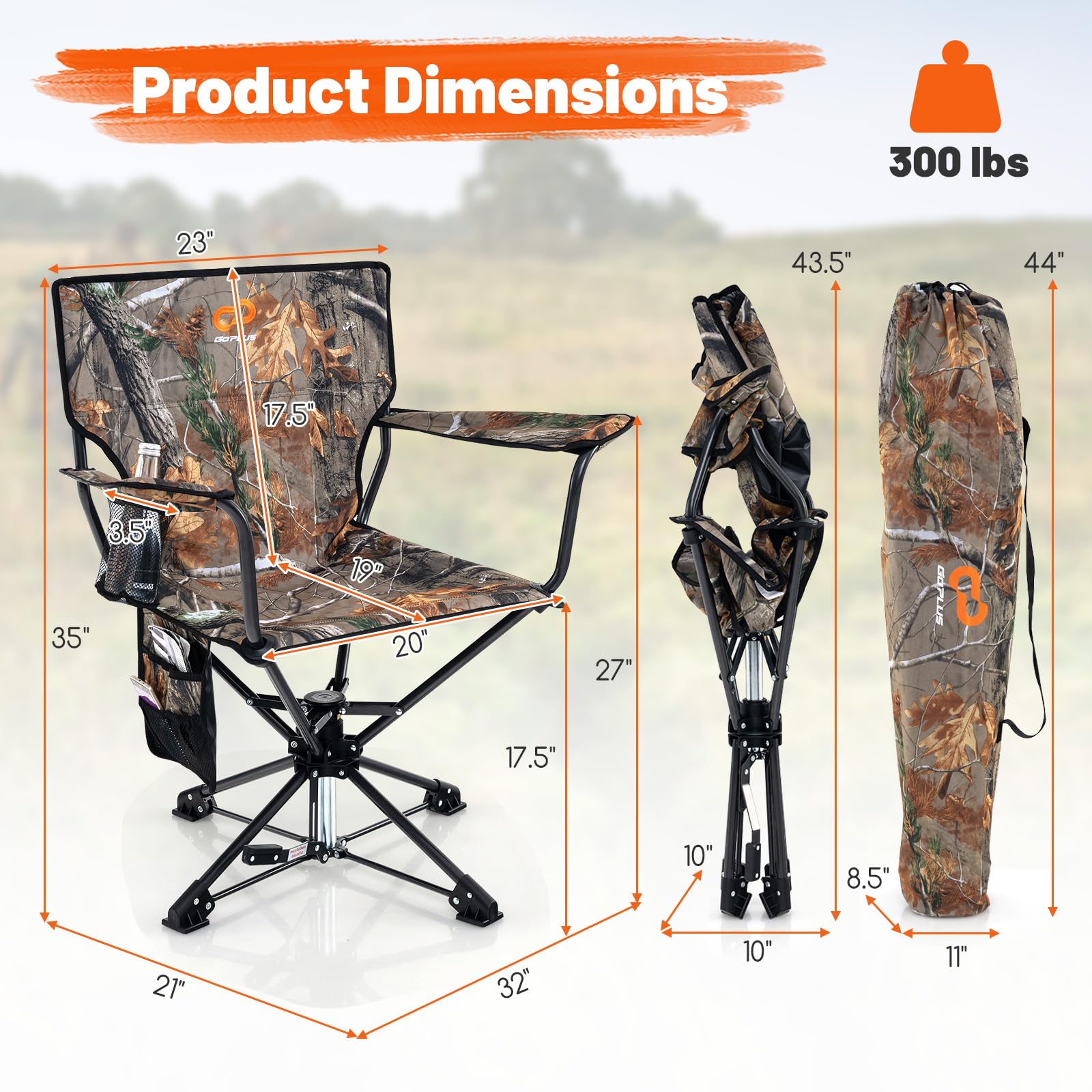 Goplus Swivel Camping Chair, Portable Hunting Chair For Adults W/Cup Holder & Carrying Bag, Folding 360-Degree Free Rotation Law