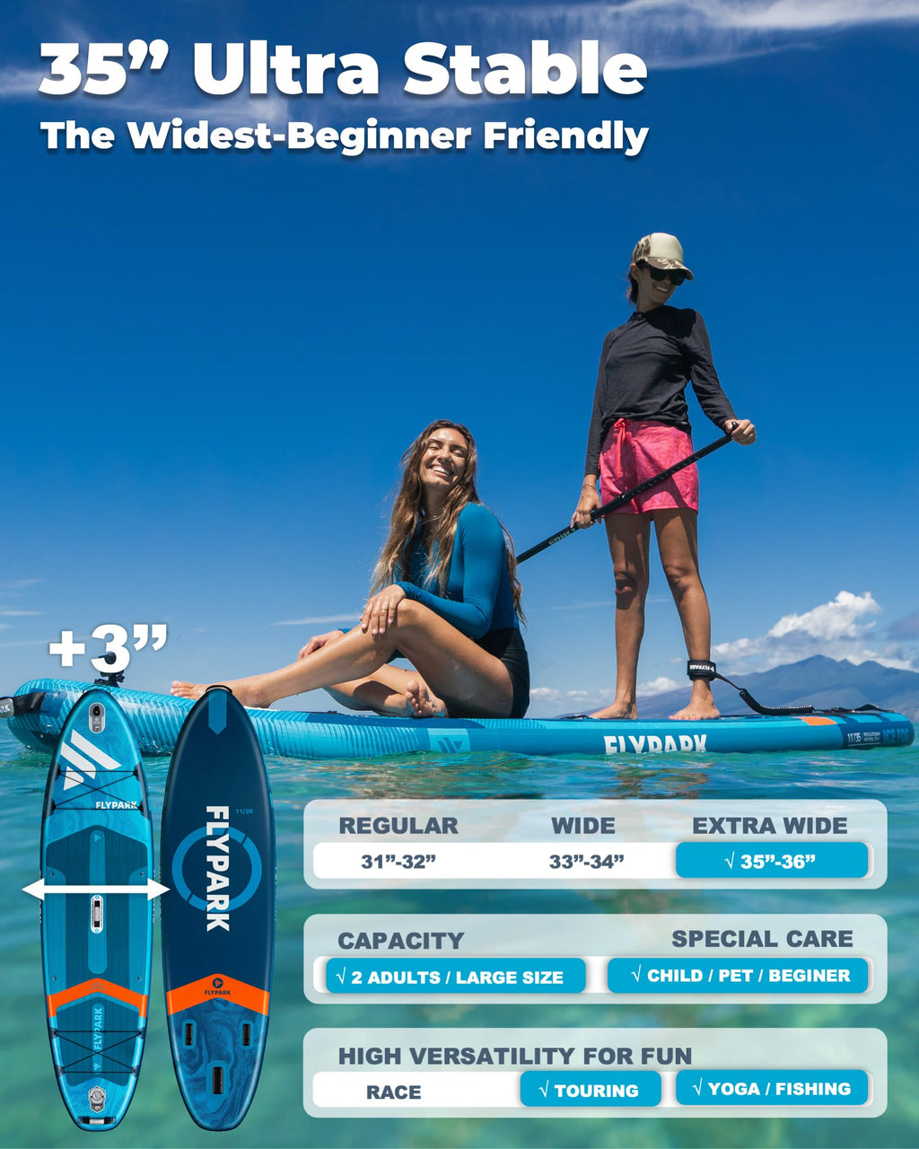 Flypark 10'8/11'X35'' Fishing&Family Stable Inflatable Paddle Boards, Extra Wide Sup Paddleboard Inflatable, 430Lb/3 People, Sta
