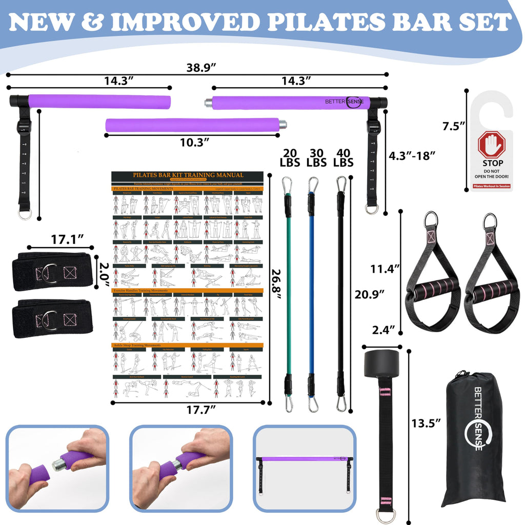 Upgraded Pilates Bar Kit -39    Adjustable Exercise Equipment For Men, Women With 6X 20, 30, 40 Lbs Resistance Bands With Adjust