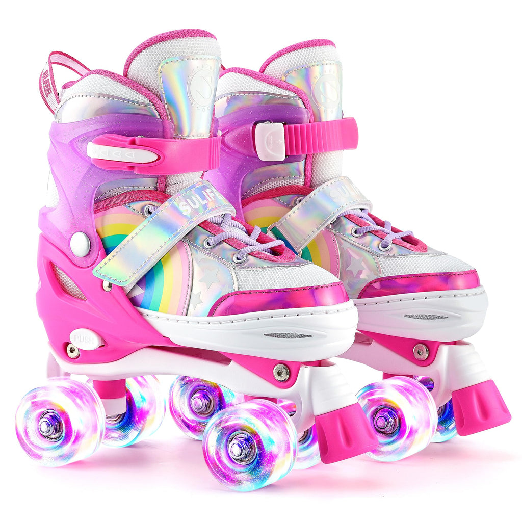 Sulifeel Rainbow Unicorn 4 Size Adjustable Light Up Roller Skates For Girls Boys For Kids Beginners Rollerskates Pink Medium