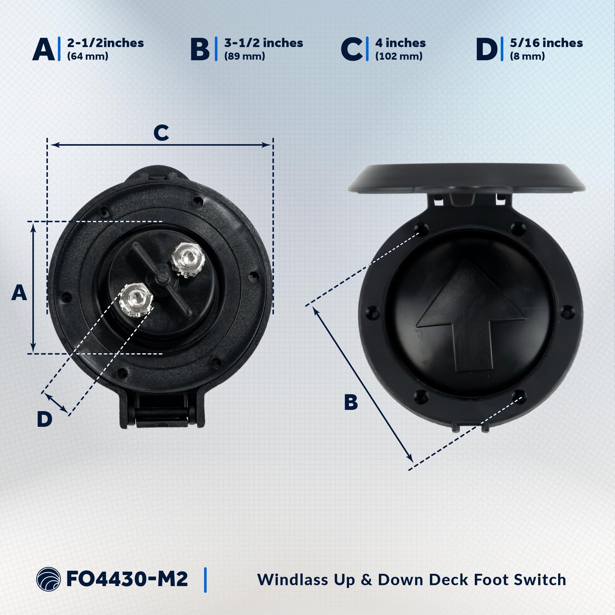 Five Oceans Anchor Windlass Up/Down Deck Foot Switch, Heavy Duty Uv-Stabilized Black Plastic Hinged Cover, 12-Volts, 4-Inch Diam
