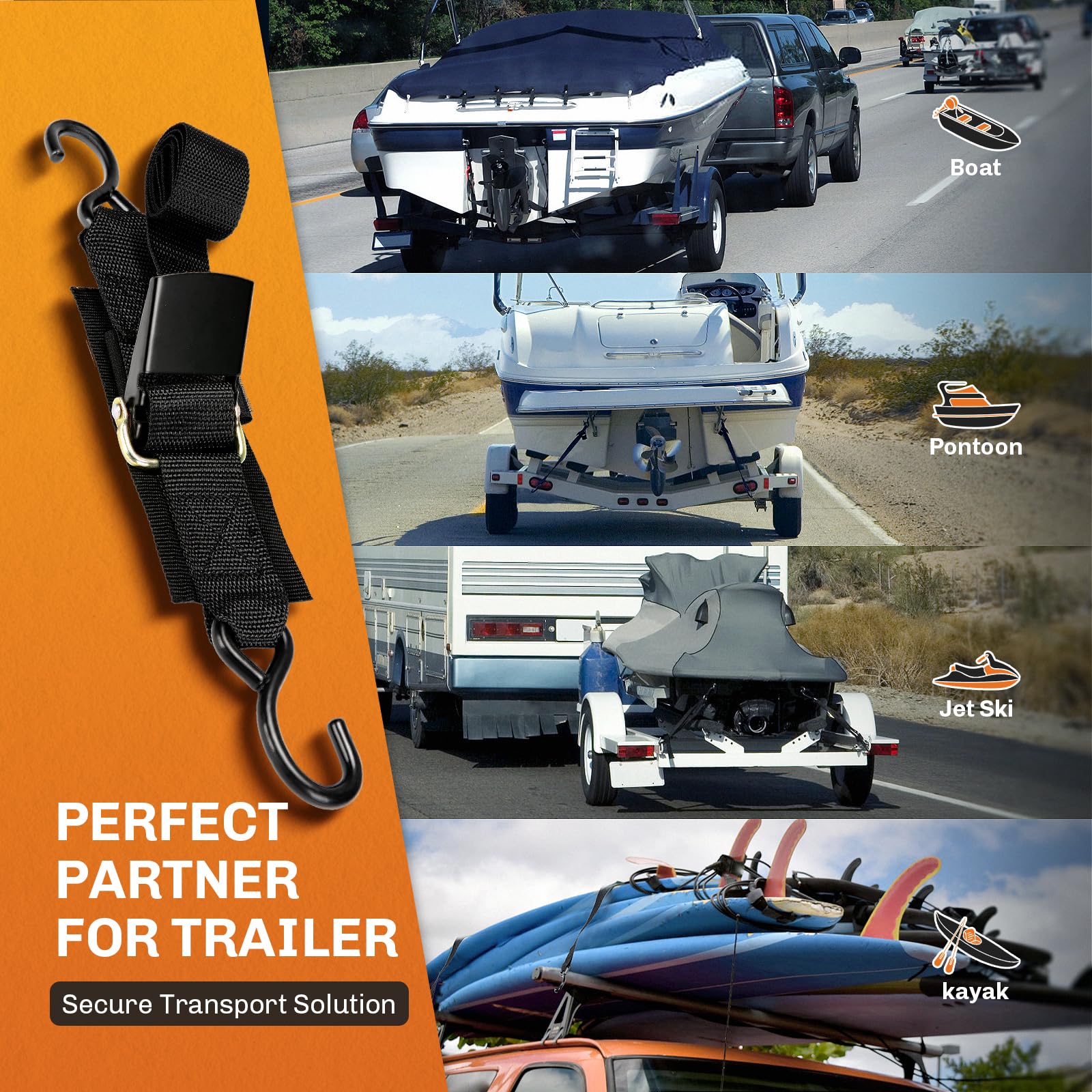 Welluck Boat Trailer Transom Tie Downs Straps 1200 Lbs, 2'' X 4' Adjustable Boat Buckle Transom Tie Downs To Trailer, Marine, Je