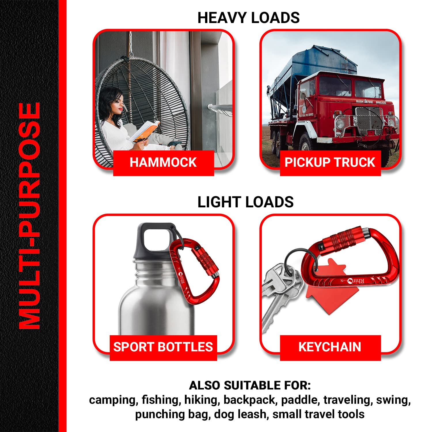 Rhino Produxs 2Pcs Of 12Kn (2697 Lbs) Heavy Duty Lightweight Locking Carabiner Or Auto Locking Carabiner Clips, For Securing Pet