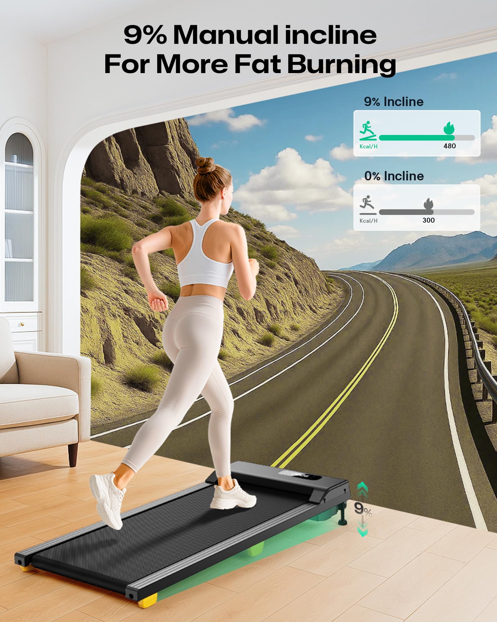Urevo Walking Pad With Incline, 9% Incline Portable Under Desk Treadmill, 2.5 Hp Walking Treadmill Pad For Home And Office, Walk
