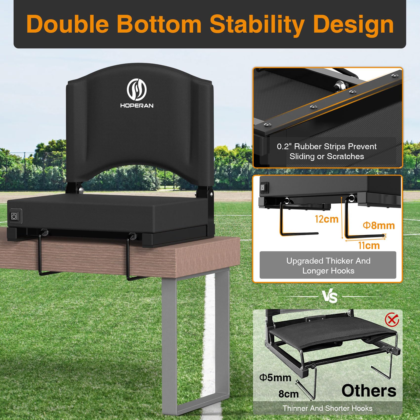 HOPERAN Heated Stadium Seats for Bleachers with Back Support, 3 Levels Heating Bleacher Chairs with Back and Cushion, Folding Bl