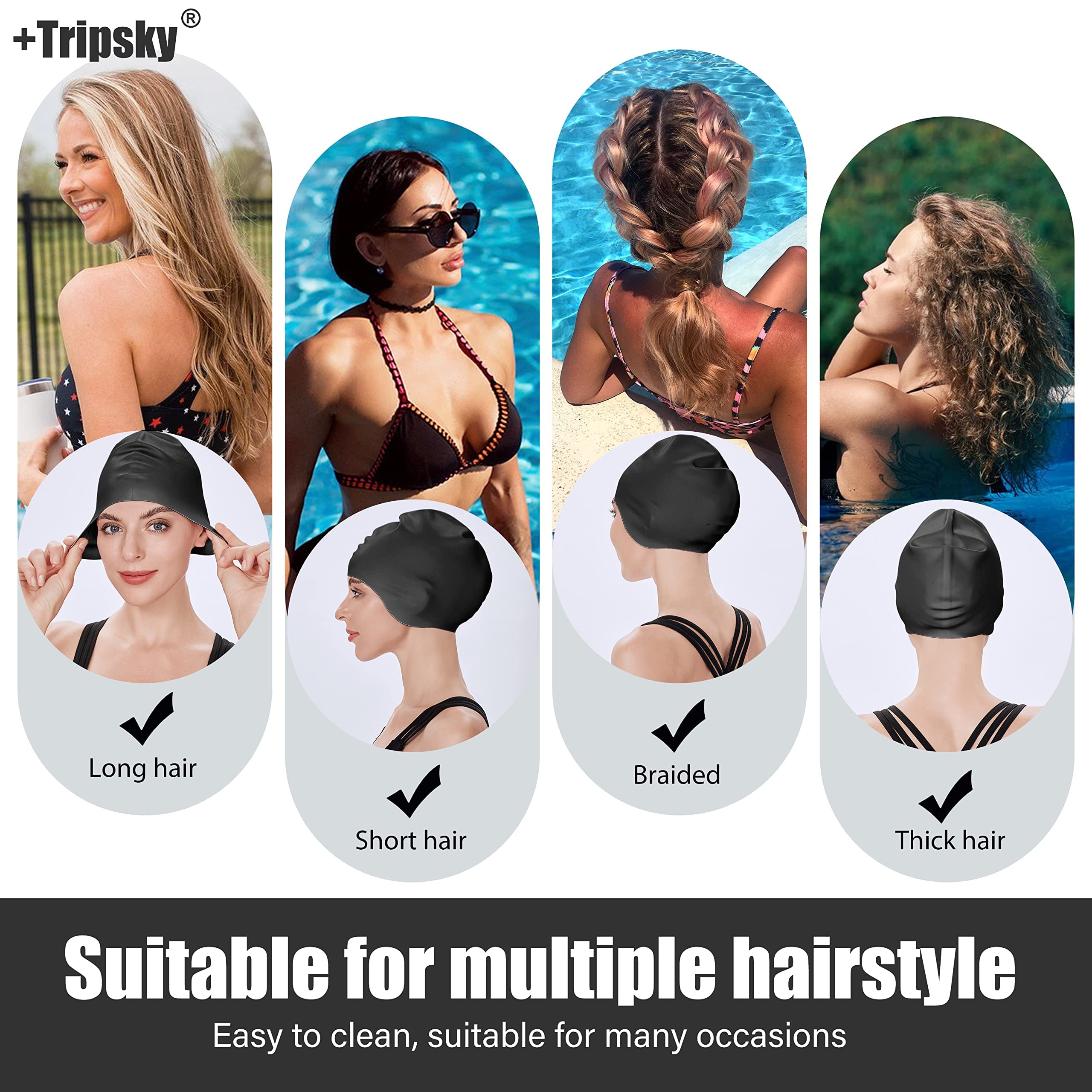 Tripsky Silicone Swim Cap For Long Hair, Swimming Cap For Women Men Teenagers, Stereoscopic Pattern Bathing Cap Ideal For Curly