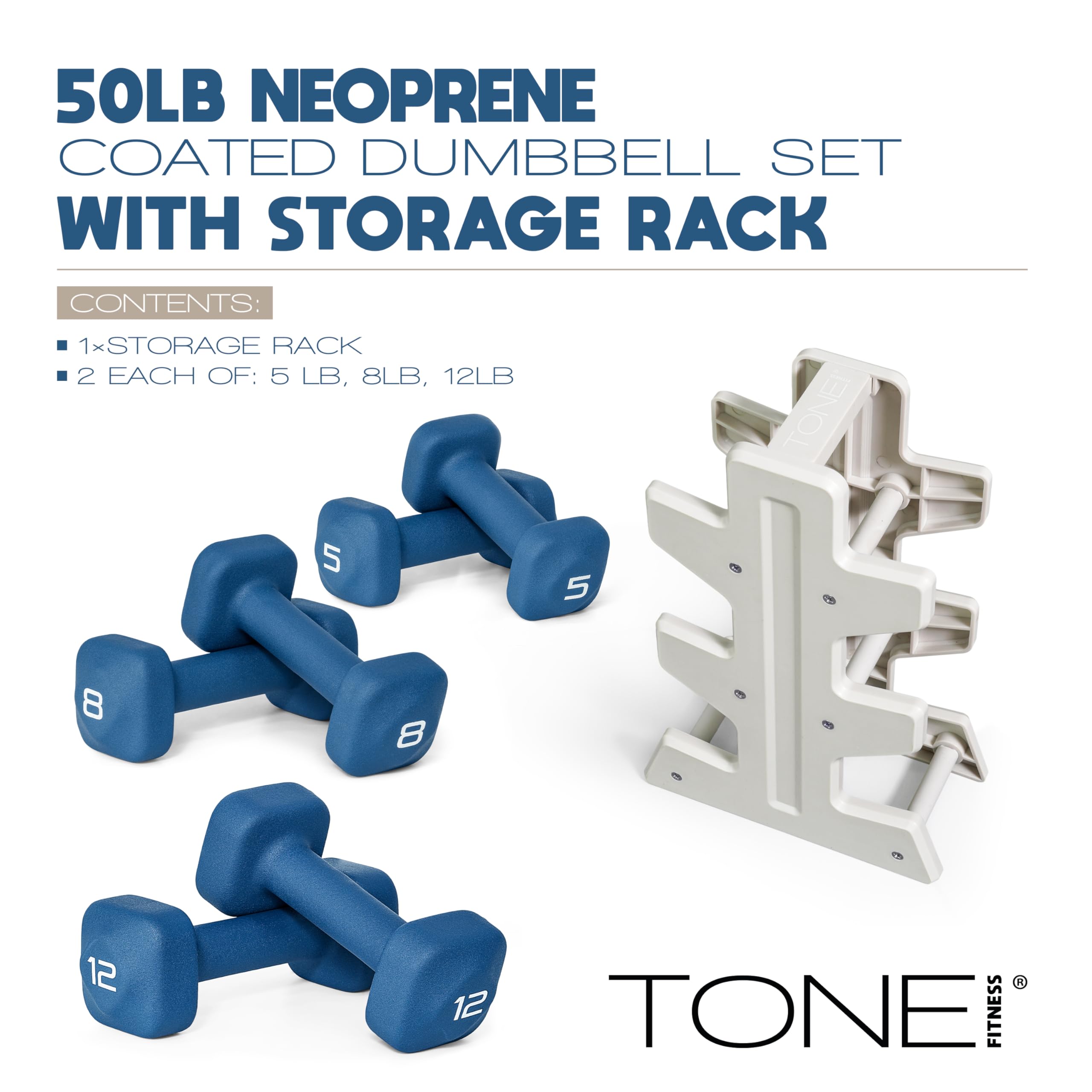 Tone Fitness 50 LB Neoprene Dumbbell Set with Storage Rack - Non-Slip, Anti-Roll Hand Weights for Home Gym Workouts - Blue