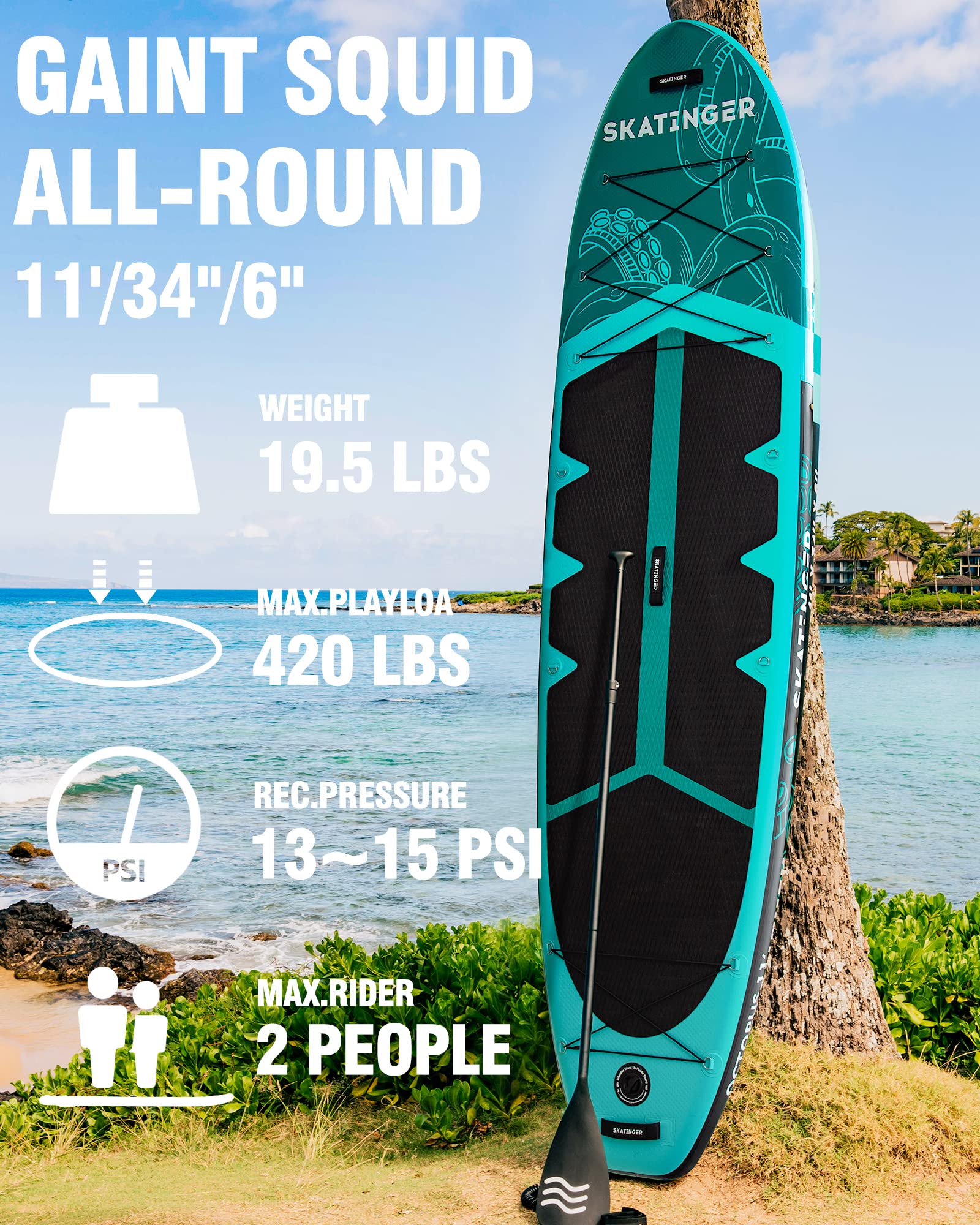 Skatinger 11'X34'' Extra Wide Inflatable Paddle Board, Up To 420Lbspaddle Boards For Adults, Stable Stand Up Paddle Board, 2 Peo