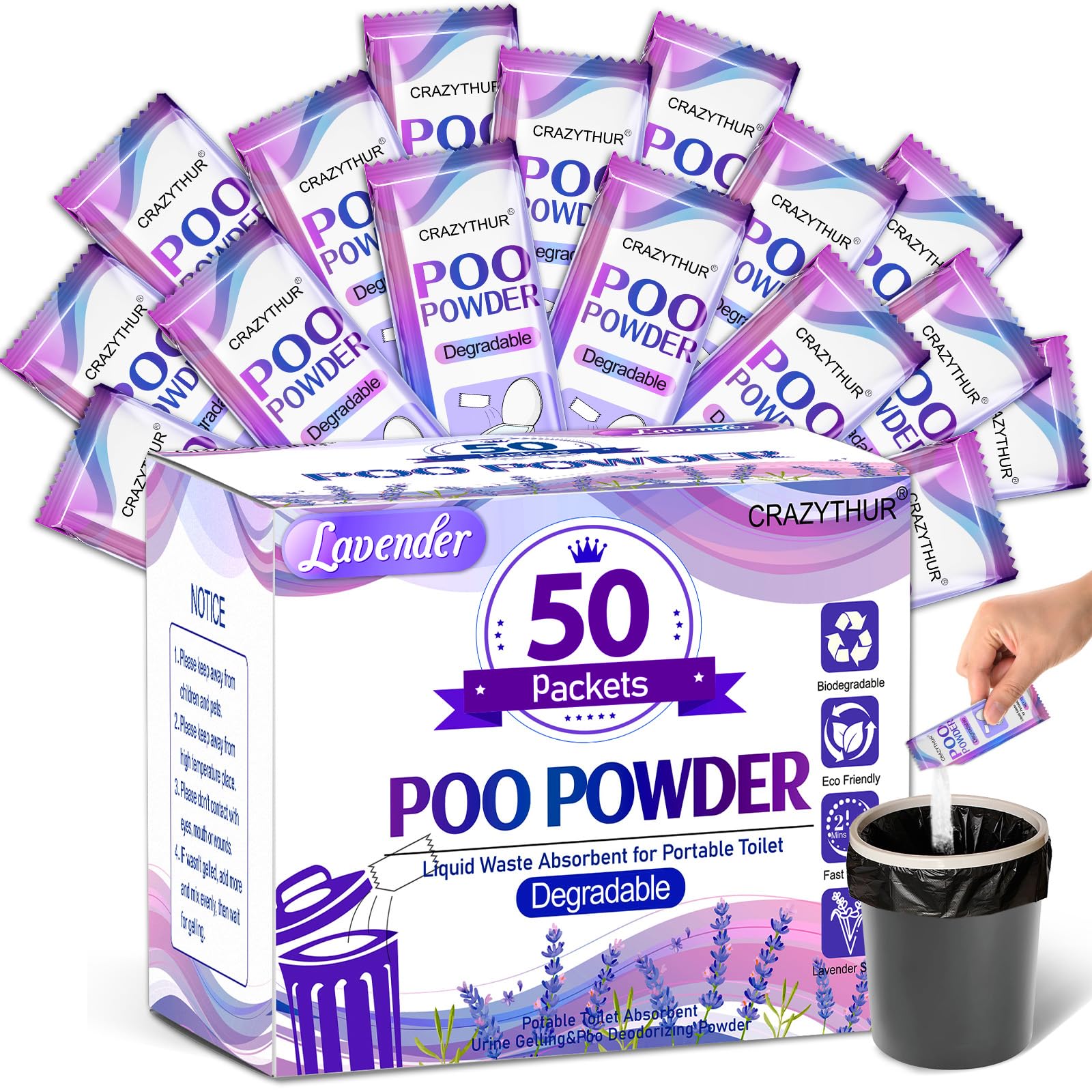 CRAZYTHUR 50PCS Poo Gel and Portable Toilet Gel with Lavender Scent, Camping Toilet Gels, Porta Potty Chemicals, Portable Toilet