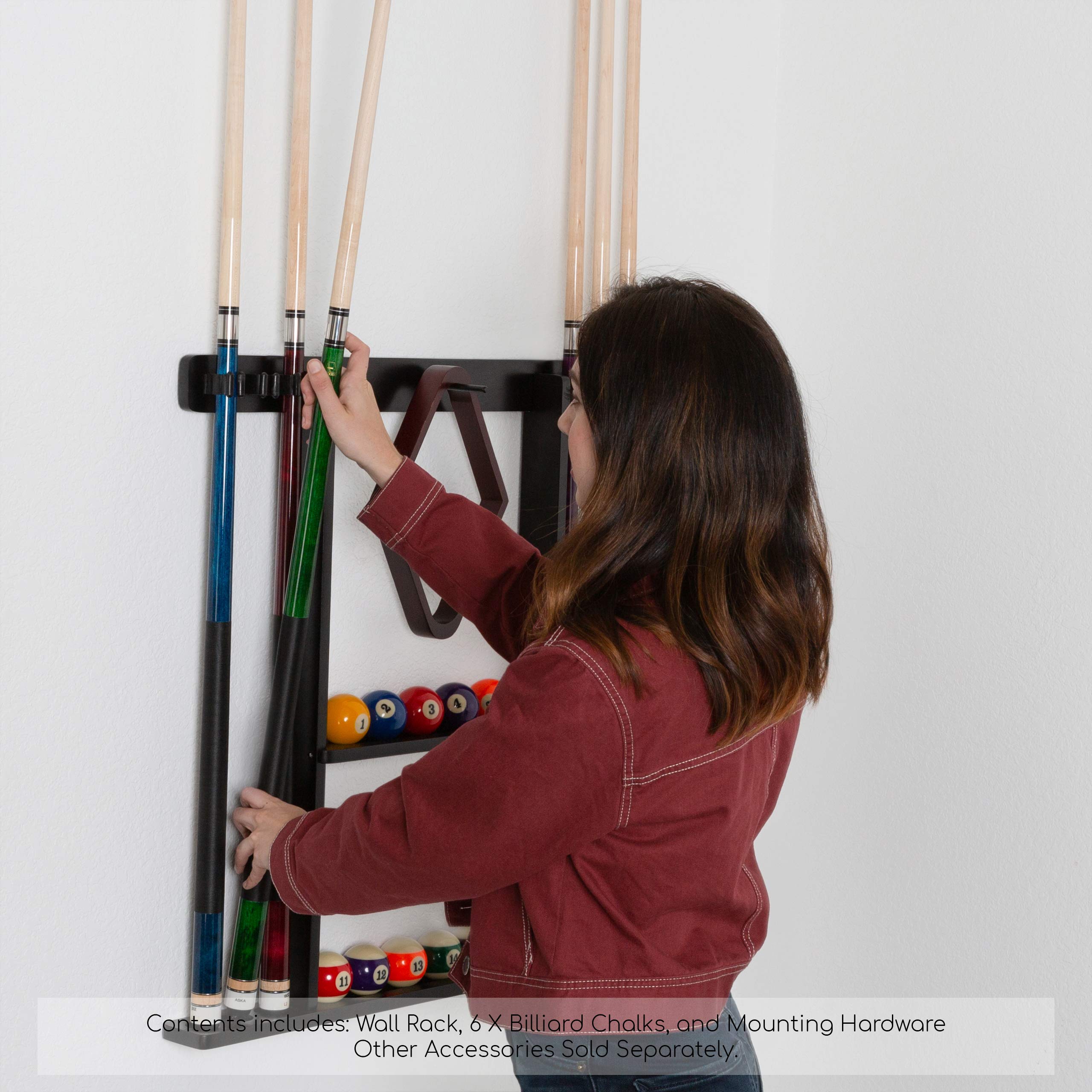 Pool Cue Rack - Pool Stick Holder Wall Mount With 16 Ball Holders & 6 Pack Of Chalk - Rubber Circle Pads & Large Clips Prevent D