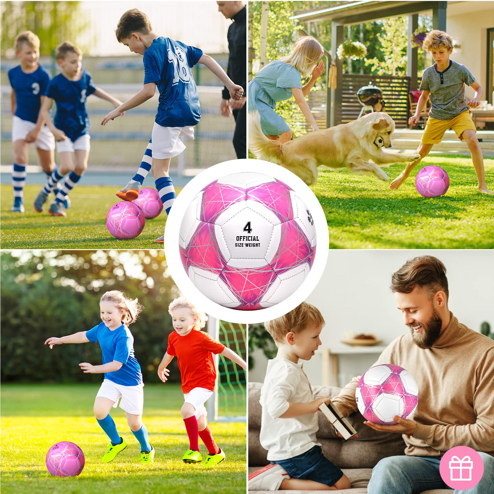 Steefan Pink/Blue/Teal Soccer Ball Size 4 For Kids Outdoor Play,Color Change Soccer Official Ball With Needles And Air Pump,Gift
