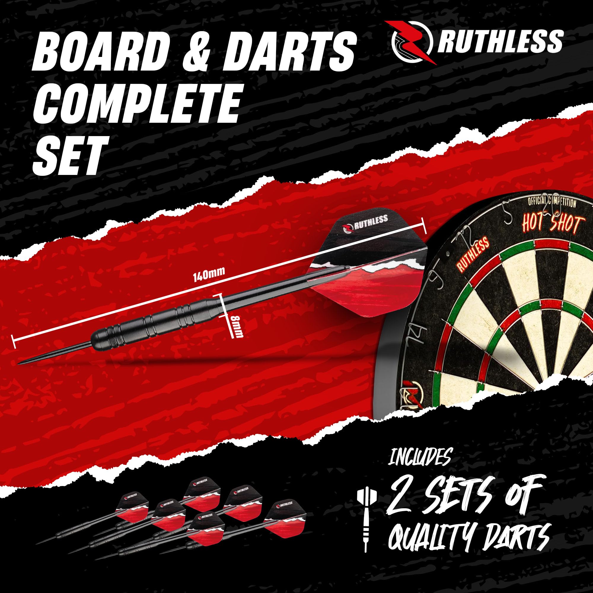Ruthless Hot Shot Dart Board  Endurance Round Wire Sisal Dartboard Including 2 Sets Of Steel Tip Darts (Db073)