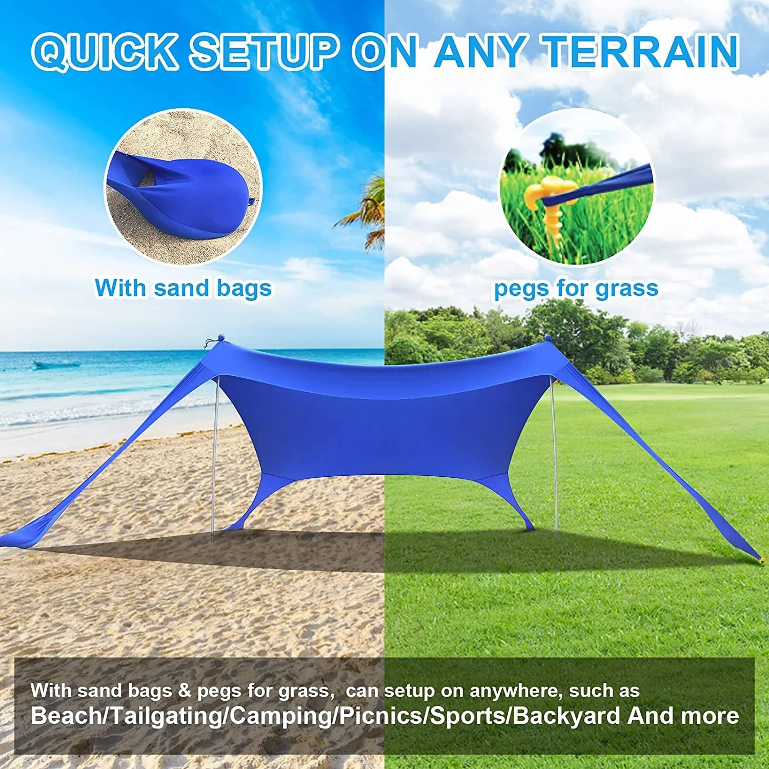 Yuewo Beach Canopy Tent Sun Shade With Upf 50+ Uv Protection, Beach Tent Sun Shelter With Sandbags, Poles And Ground Pegs And An