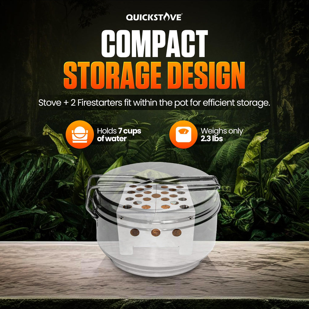 Quickstove Portable Stove Kit With Camping Pot & 2 Fire Starters, Lightweight Stainless Steel Wood Burning Stove For Emergency P