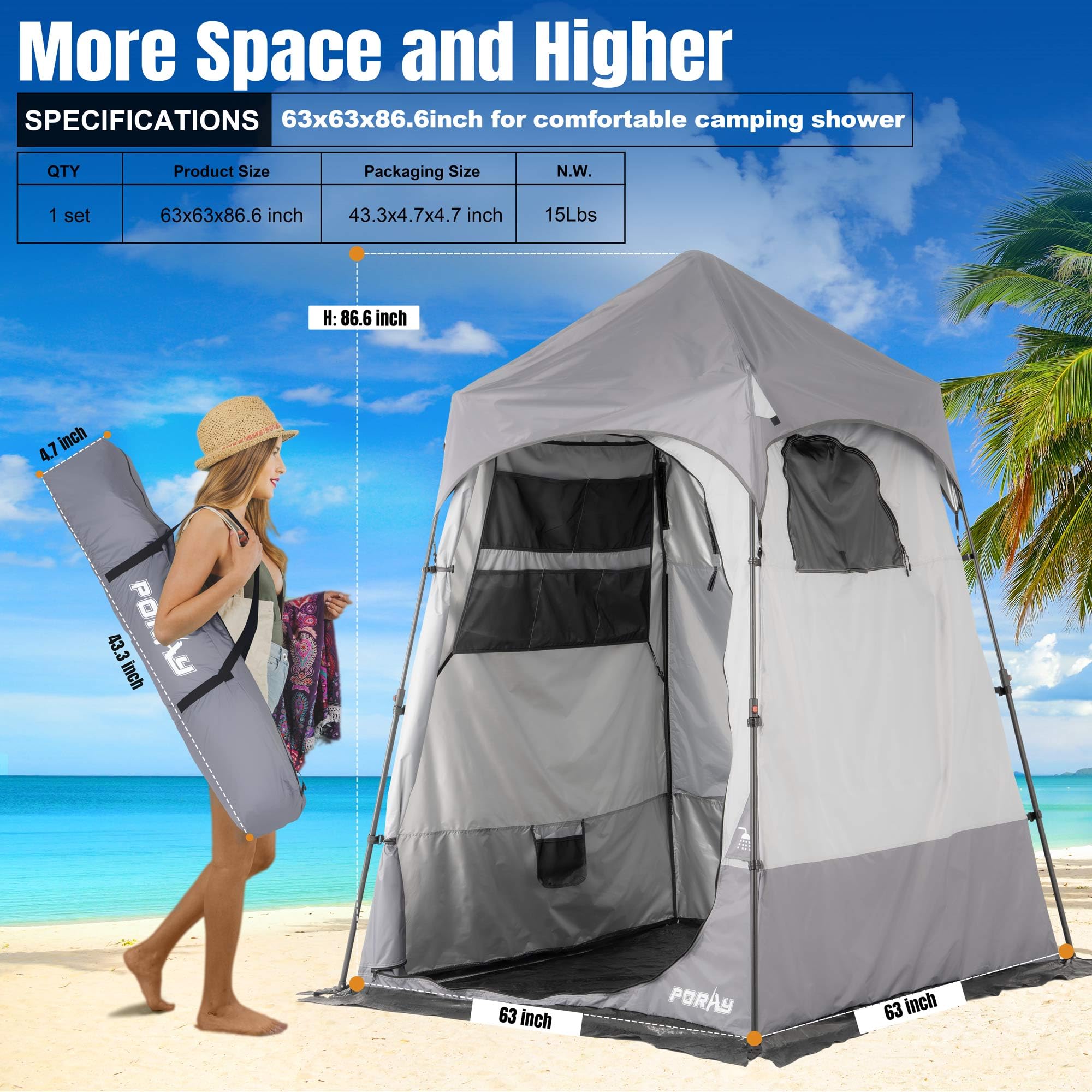 Portable Camping Shower Tent Deluxe Changing Room With Shower Bag Easy Set Up Privacy Shelter,Large Toilet Tent With Floor Drain