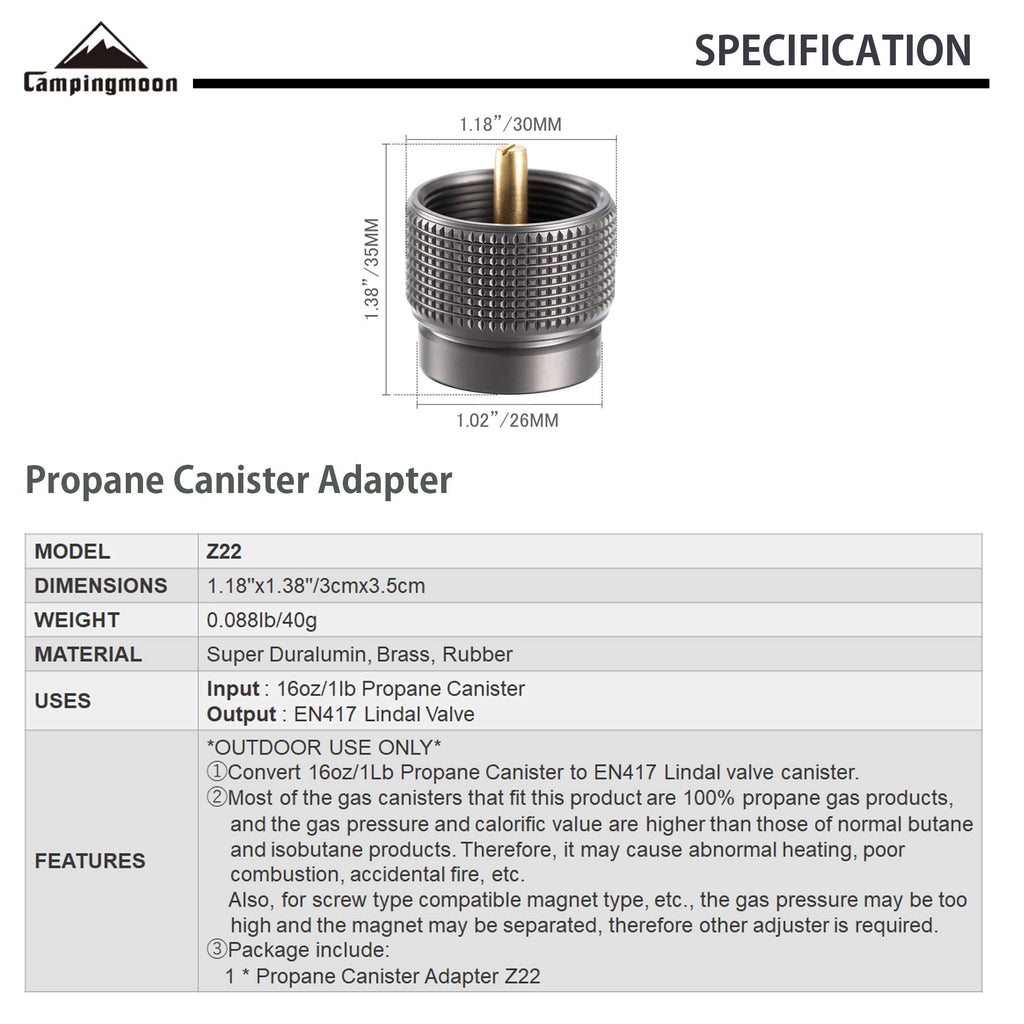 Campingmoon Small Propane To Butane Adapter, Input: 16Oz/1Lb Small Propane Canister, Output: En417 Lindal Valve Z22