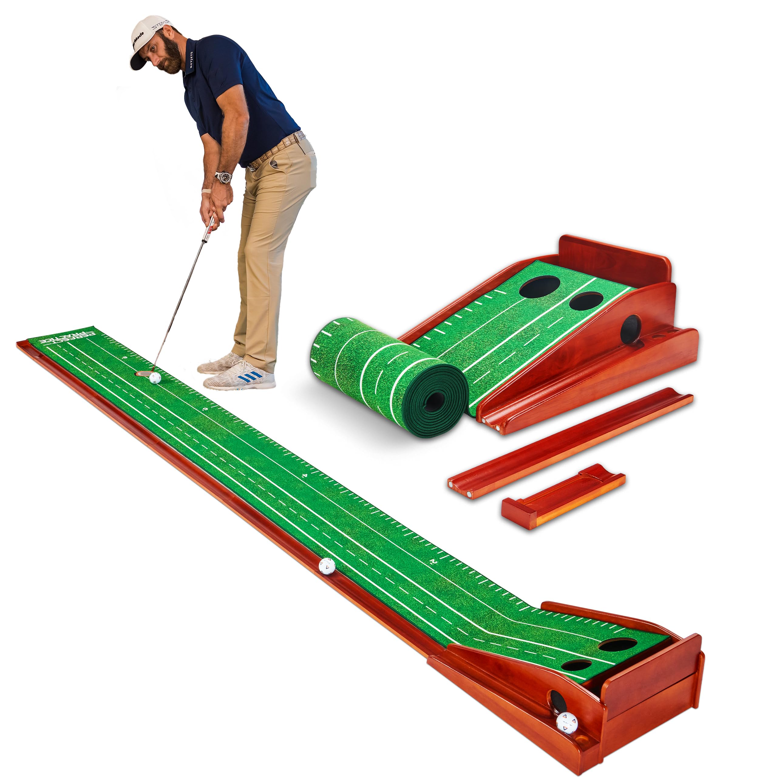 Perfect Practice 2-Hole Golf Putting Mat - 9.5ft Portable Putting Green, Indoor & Outdoor Practice, with Ball Return - Golf Trai