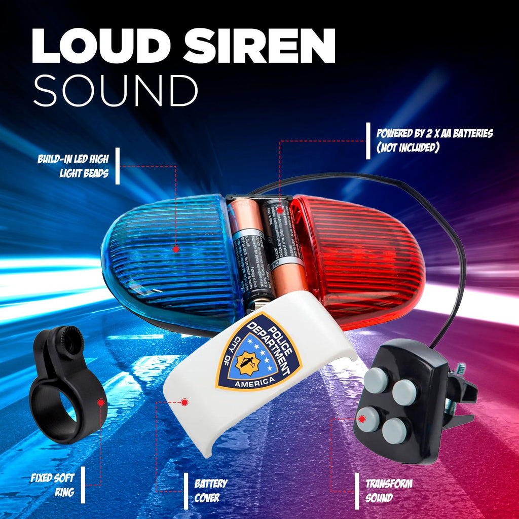 Kids Tech Bike Led Light - Police Sound Light Electronic Horn - Bicycle Siren, 5 Led Light 4 Sounds Trumpet, Warning Safety Ligh