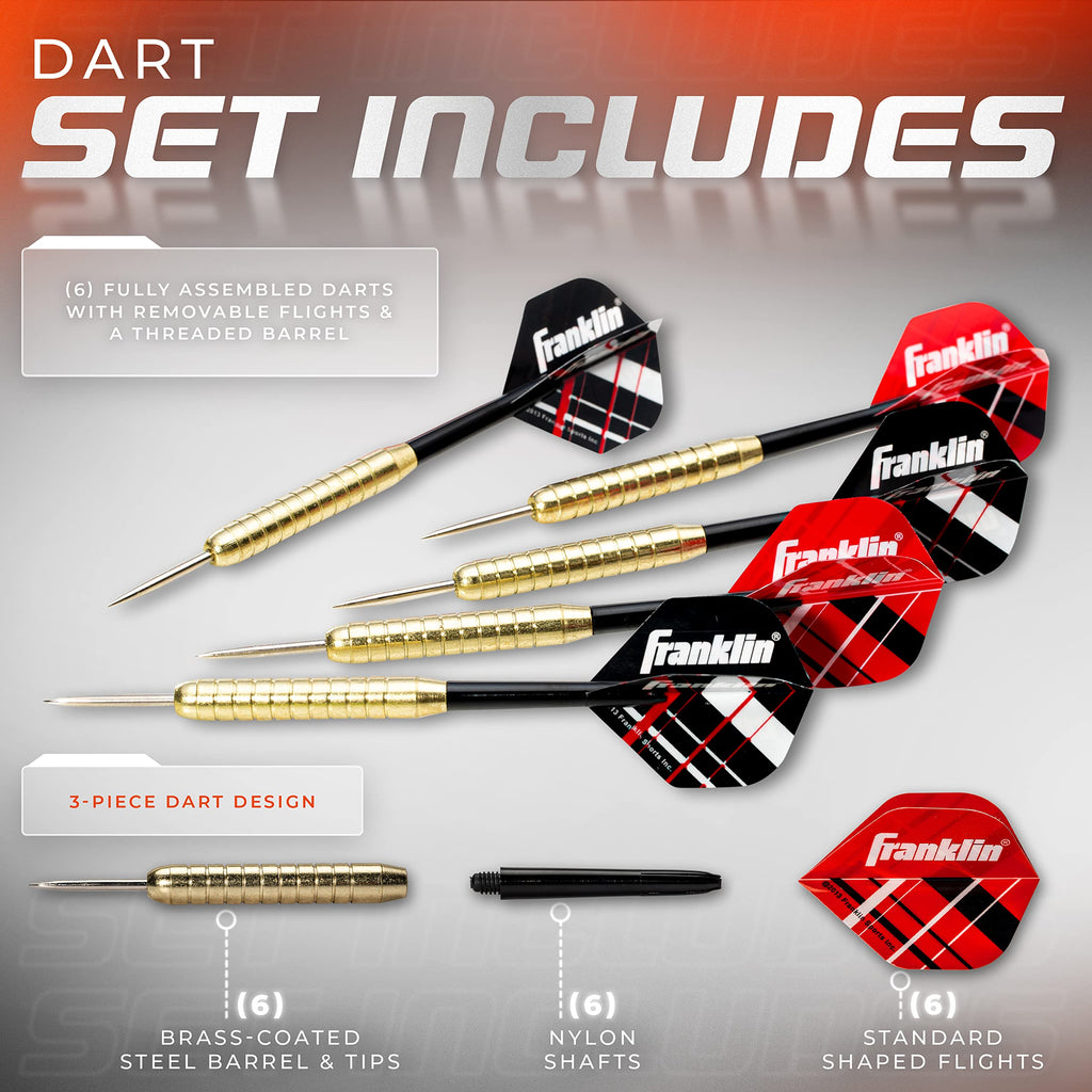 Franklin Sports Steel Tip Darts Set - 6 Pack Of 18 Gram Steel Darts - Removable Standard Nylon Flights And Brass Barrels - Light