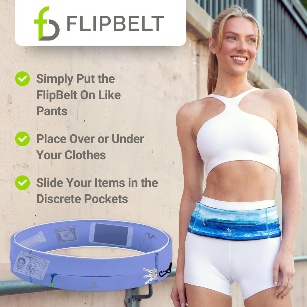 FlipBelt Zipper Running Belt, Waist Pack for Fitness and Running Fanny Pack for Women Men Phone Keys Money US Company - [Periwin