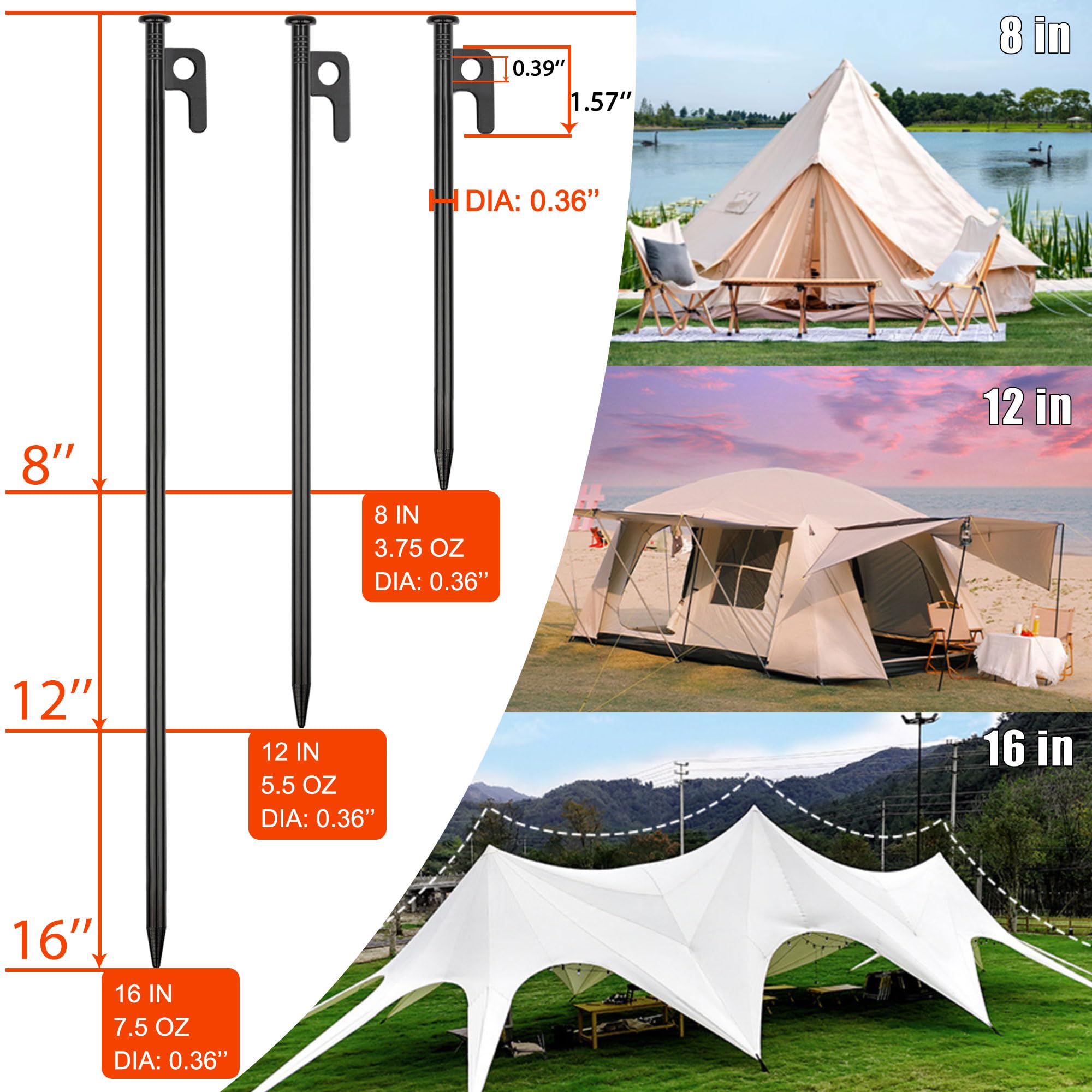 8 Pack Tent Stakes Heavy Duty Metal Tent Pegs For Camping Steel Tent Stakes 16 Inch Unbreakable And Inflexible