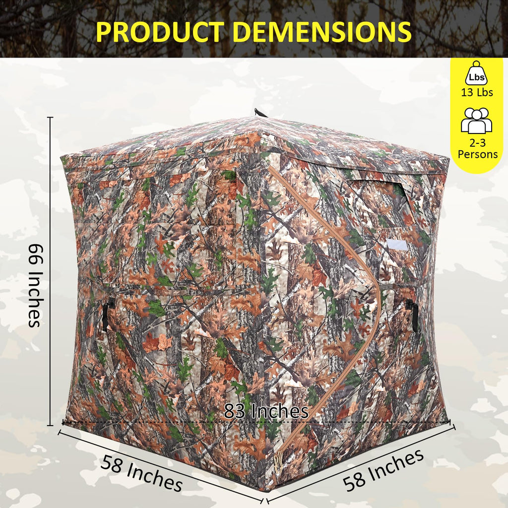 Portable Hunting Blind 270 See Through With Carrying Bag, 2-3 Person Pop Up Ground Blinds With Silent Zipper Door & Sliding Wind