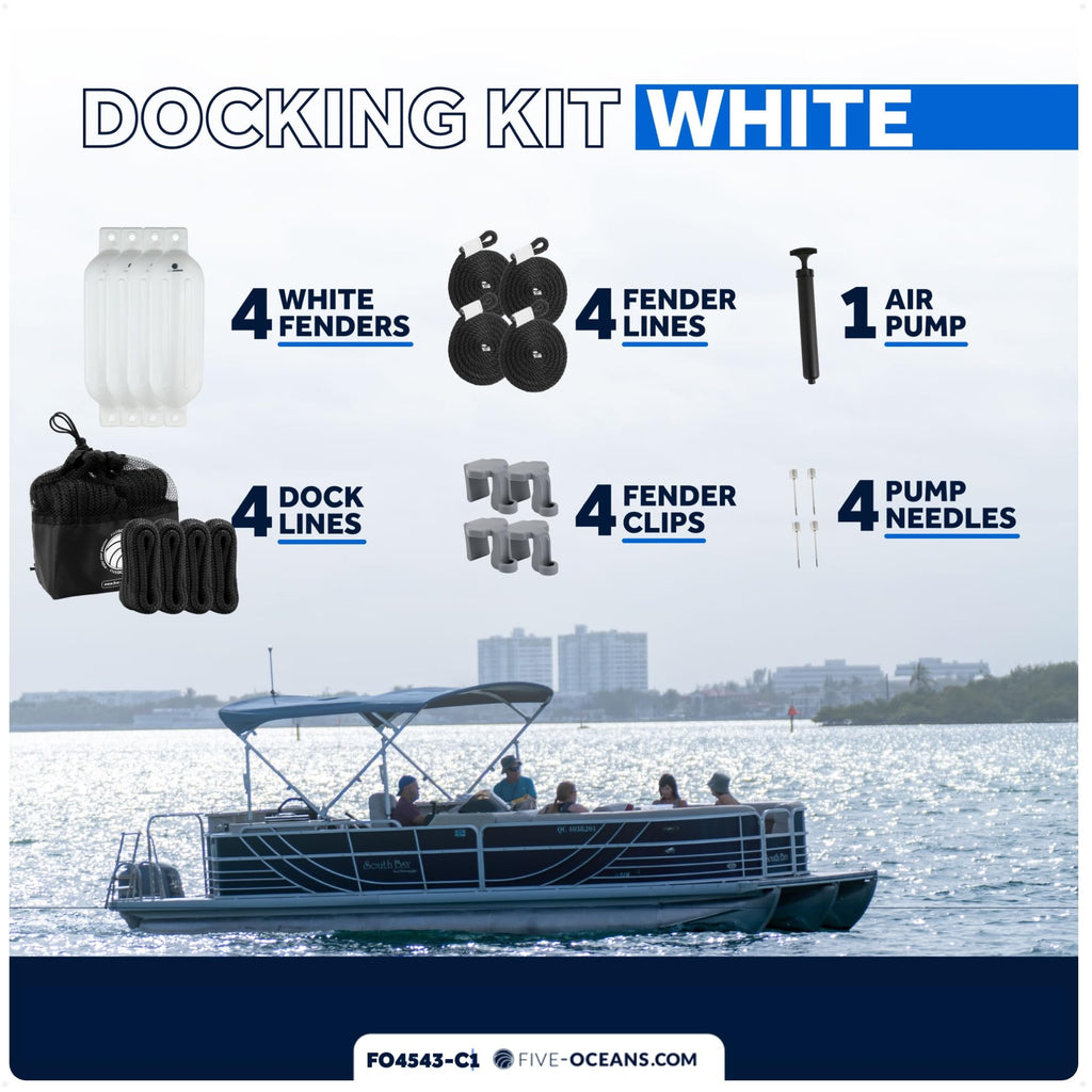 Five Oceans Boat Fenders Complete Set - Includes 4-Pack 4.5 X 16-Inch, White - Boat Bumpers Clips, Dock Lines 3/8'' X 15' - 4 Ro