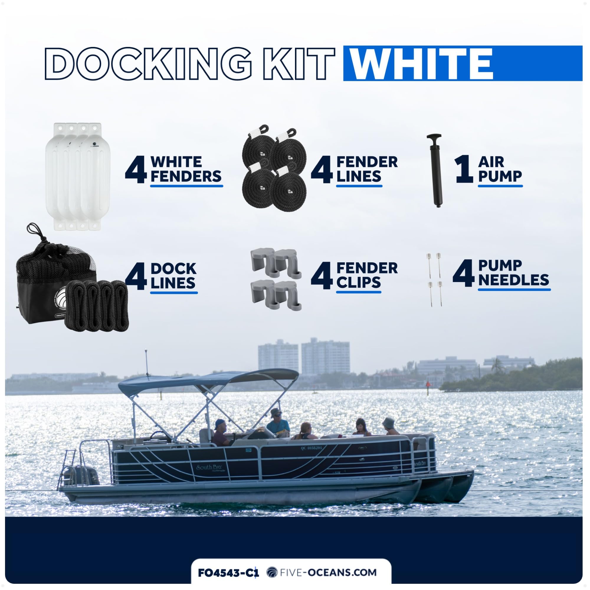 Five Oceans Boat Fenders Complete Set - Includes 4-Pack 4.5 X 16-Inch, White - Boat Bumpers Clips, Dock Lines 3/8'' X 15' - 4 Ro