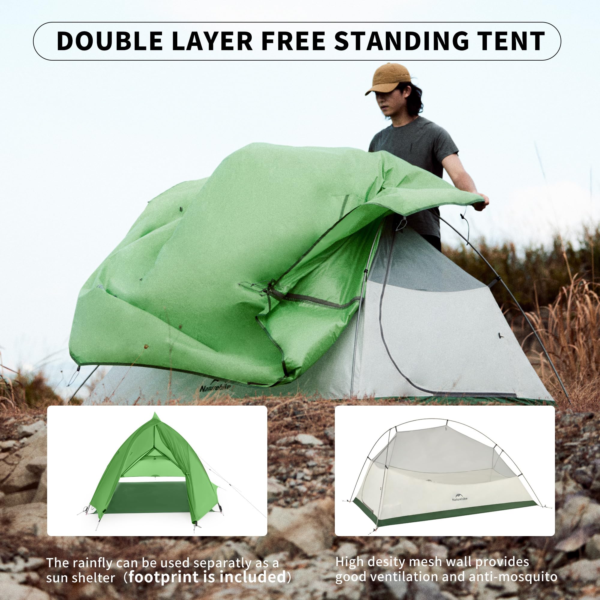 Naturehike Cloud Up Pro Backpacking Tent, Waterproof Lightweight 2 Person Tent For Camping, Double Layer Two Person Tent With Fo