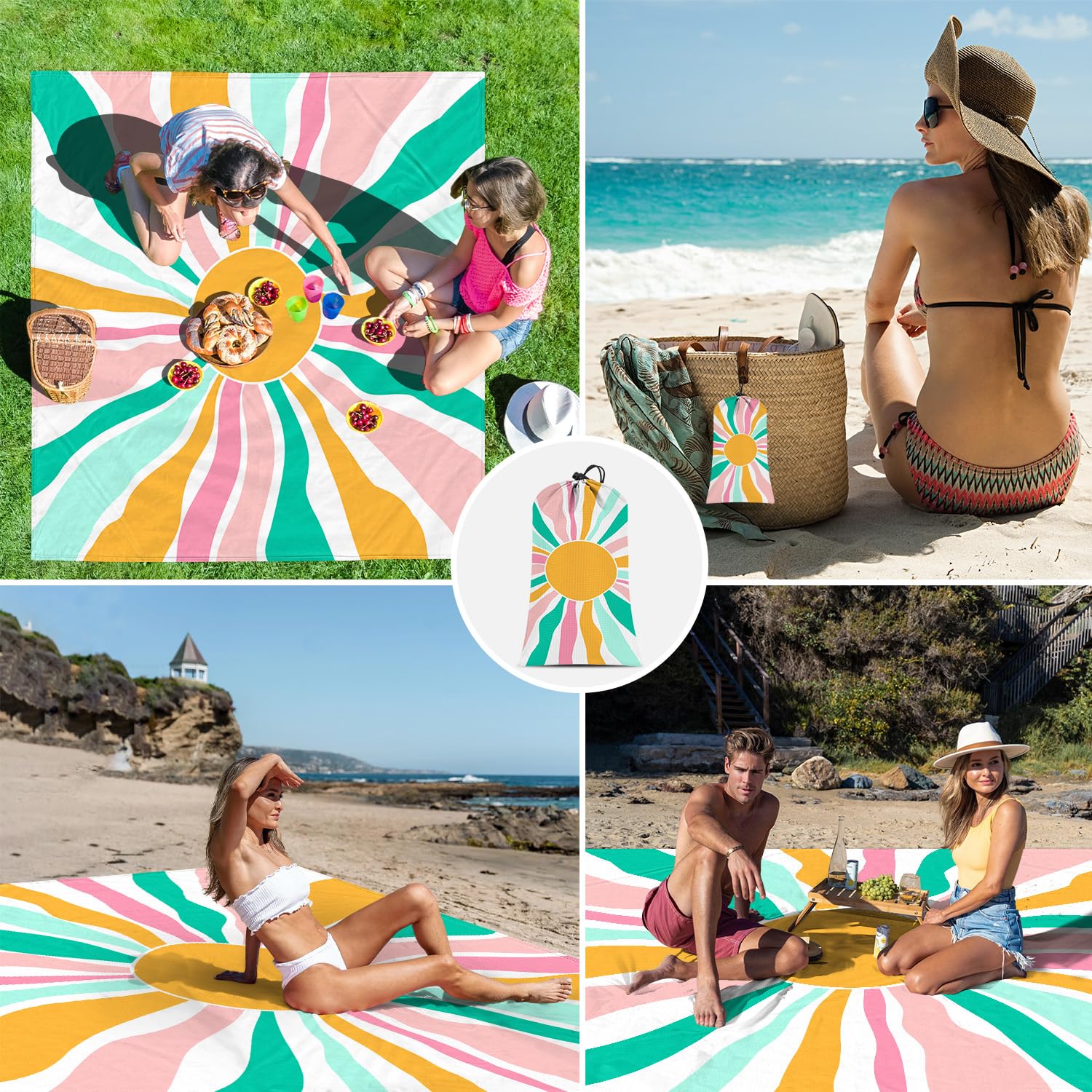 Beach Blanket Waterproof Sandproof, Large Picnic Blankets With Stakes And Storage Bag, Lightweight Quick Drying, Compact Beach M