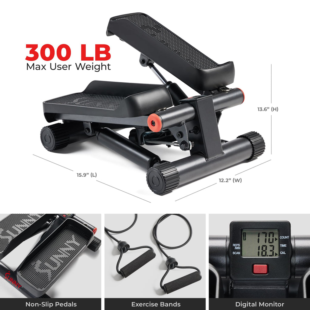 Sunny Health & Fitness Mini Steppers for Exercise at Home, Stair Step Workout Machine with Optional Resistance Bands, Full Body